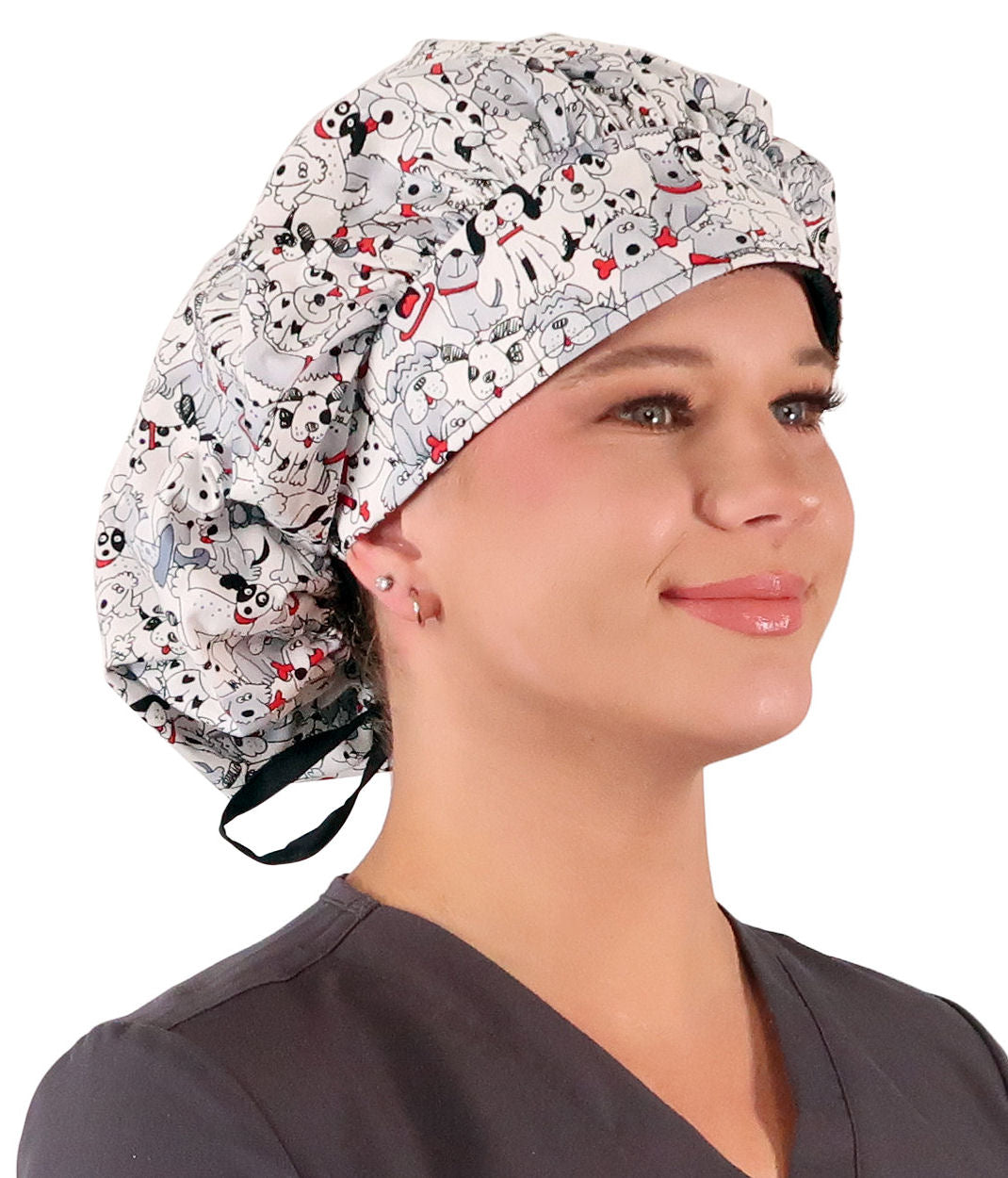 Stylish American Made Banded Bouffant Ponytail Scrub Cap - Playful Puppies with Black Ties Banded Bouffant Surgical
