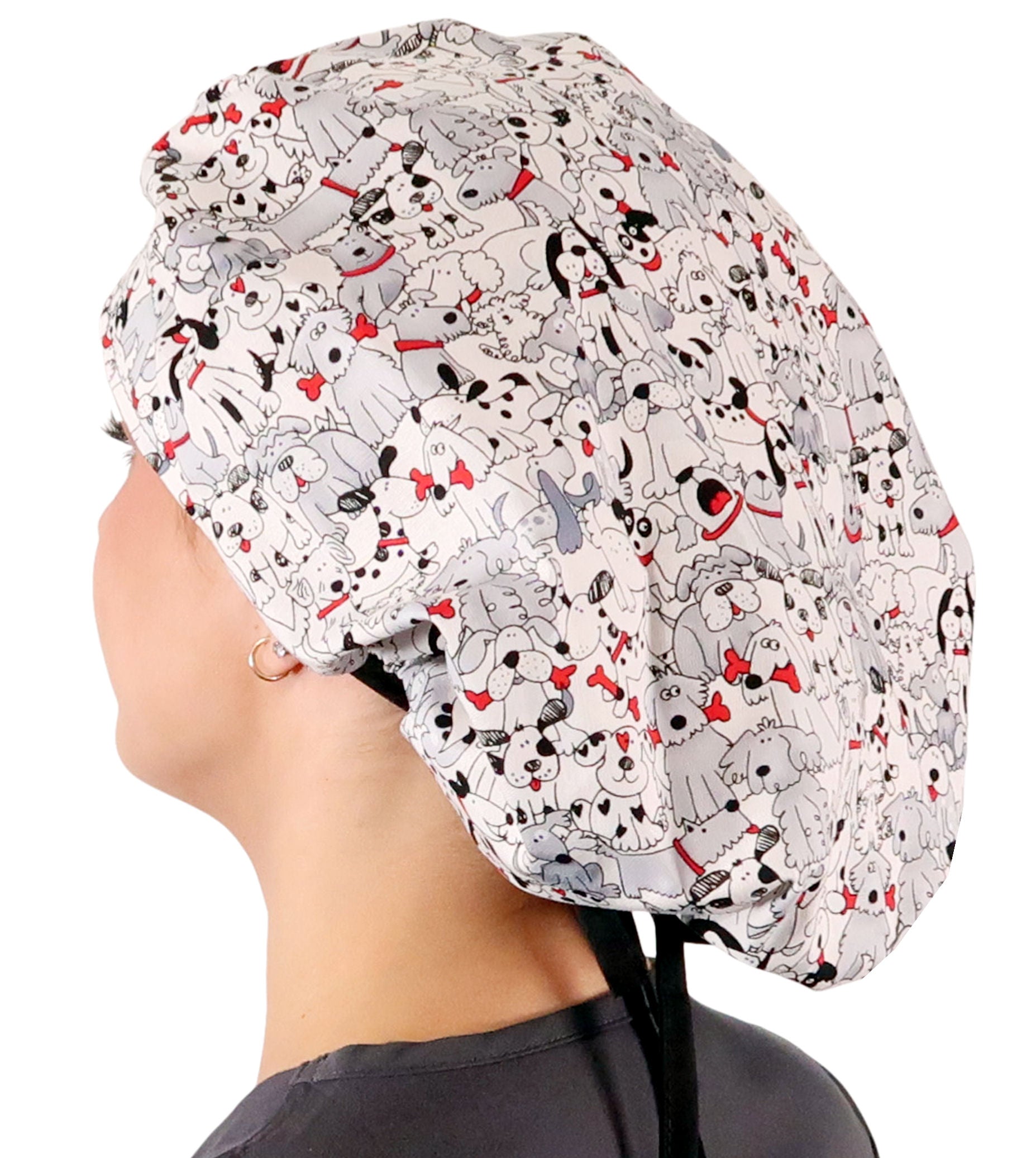 Stylish American Made Banded Bouffant Ponytail Scrub Cap - Playful Puppies with Black Ties Banded Bouffant Surgical
