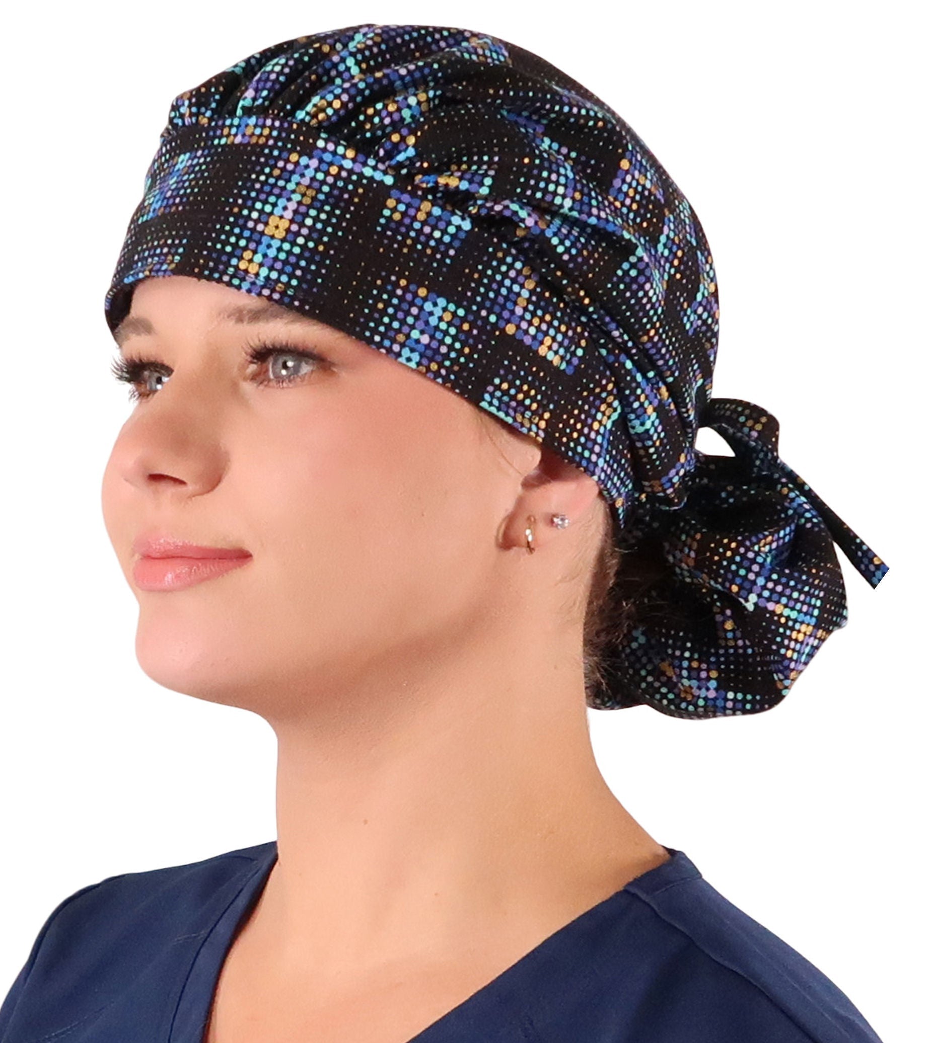 Stylish American Made Banded Bouffant Ponytail Scrub Cap - Gold Metallic Chromadots Banded Bouffant Surgical Scrub Caps