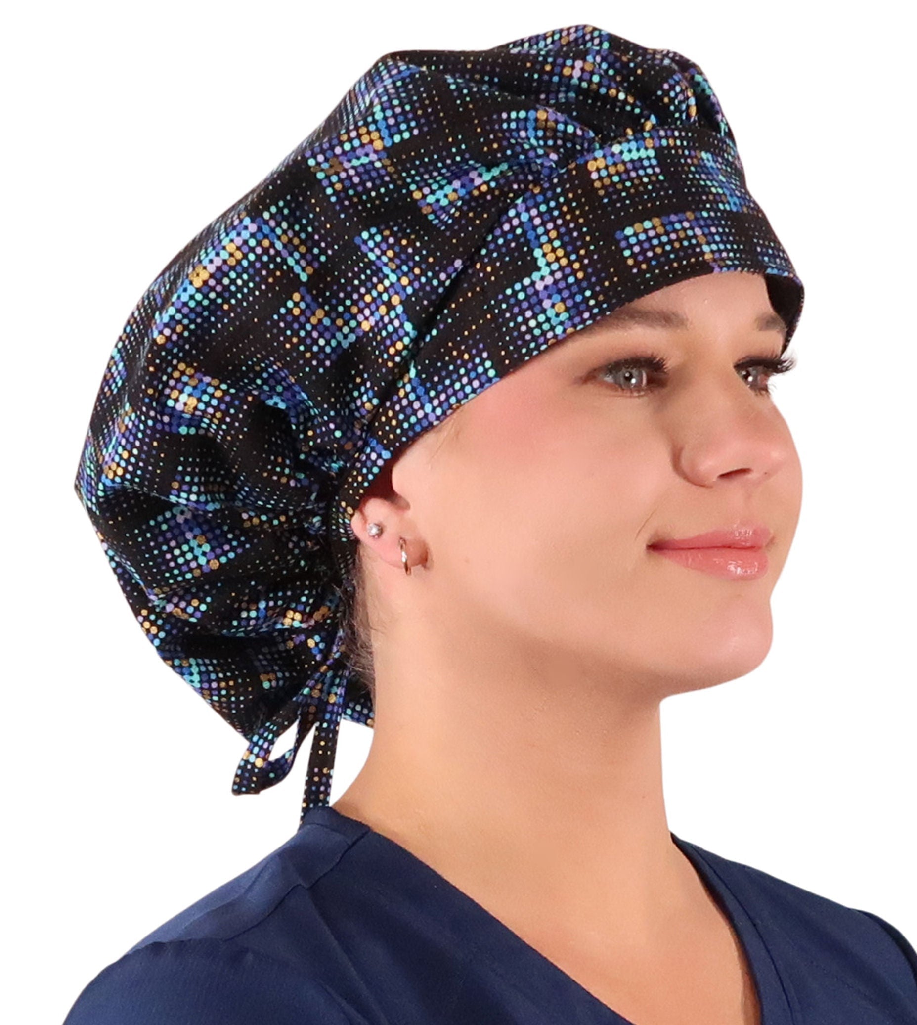 Stylish American Made Banded Bouffant Ponytail Scrub Cap - Gold Metallic Chromadots Banded Bouffant Surgical Scrub Caps