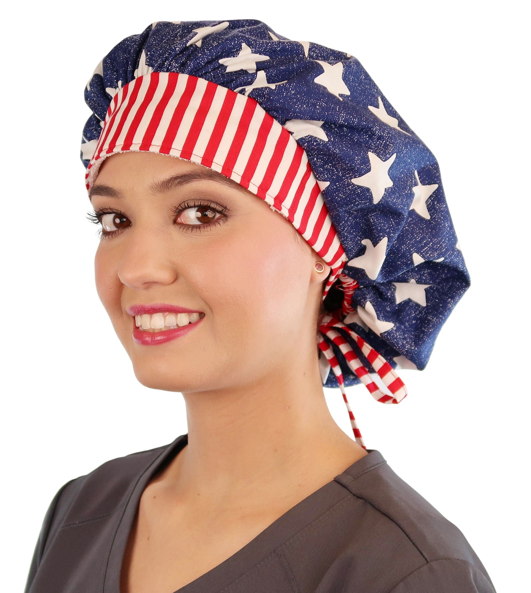 Stylish American Made Banded Bouffant Ponytail Scrub Cap - American Pride Banded Bouffant Surgical Scrub Caps