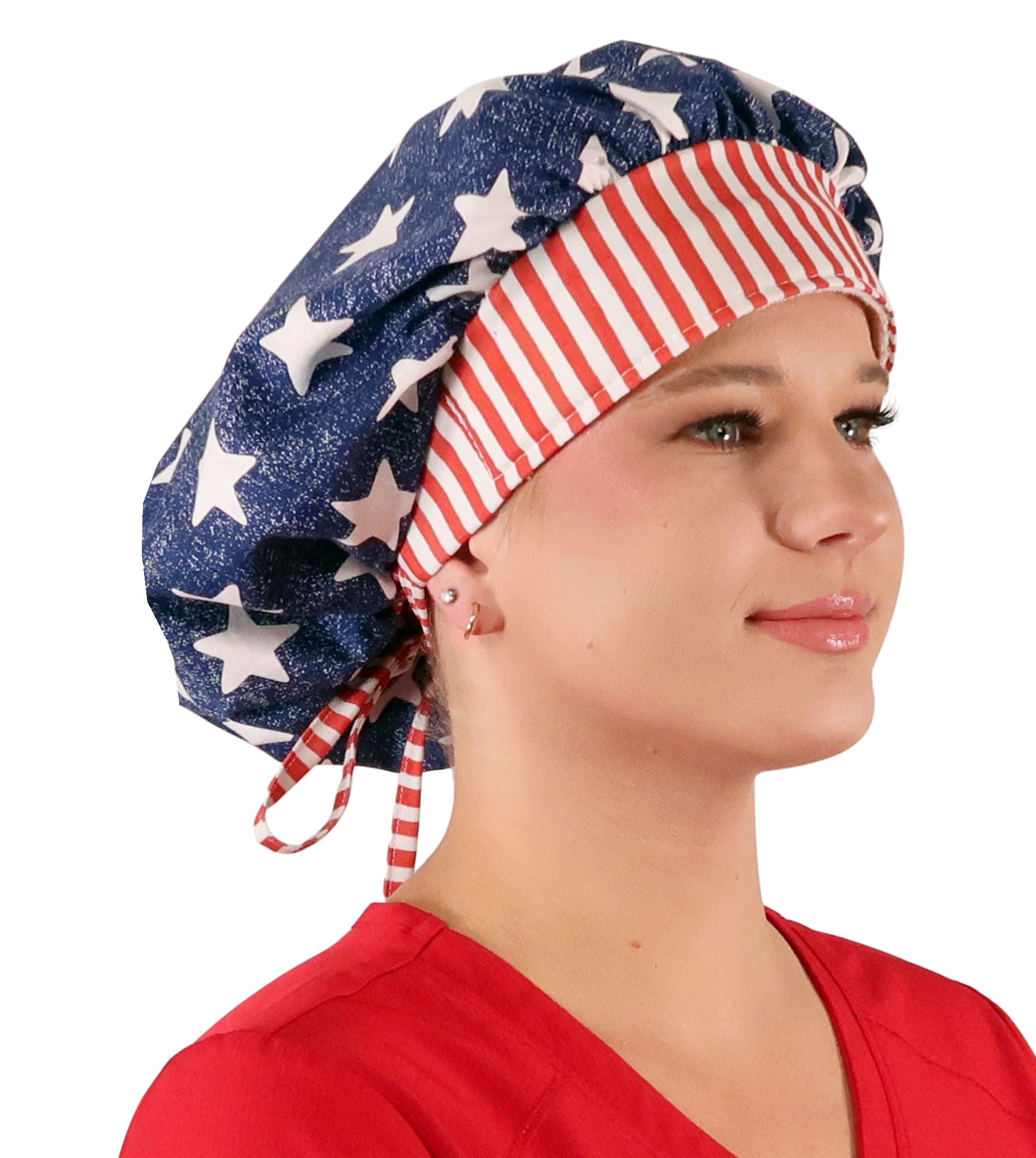 Stylish American Made Banded Bouffant Ponytail Scrub Cap - American Pride Banded Bouffant Surgical Scrub Caps