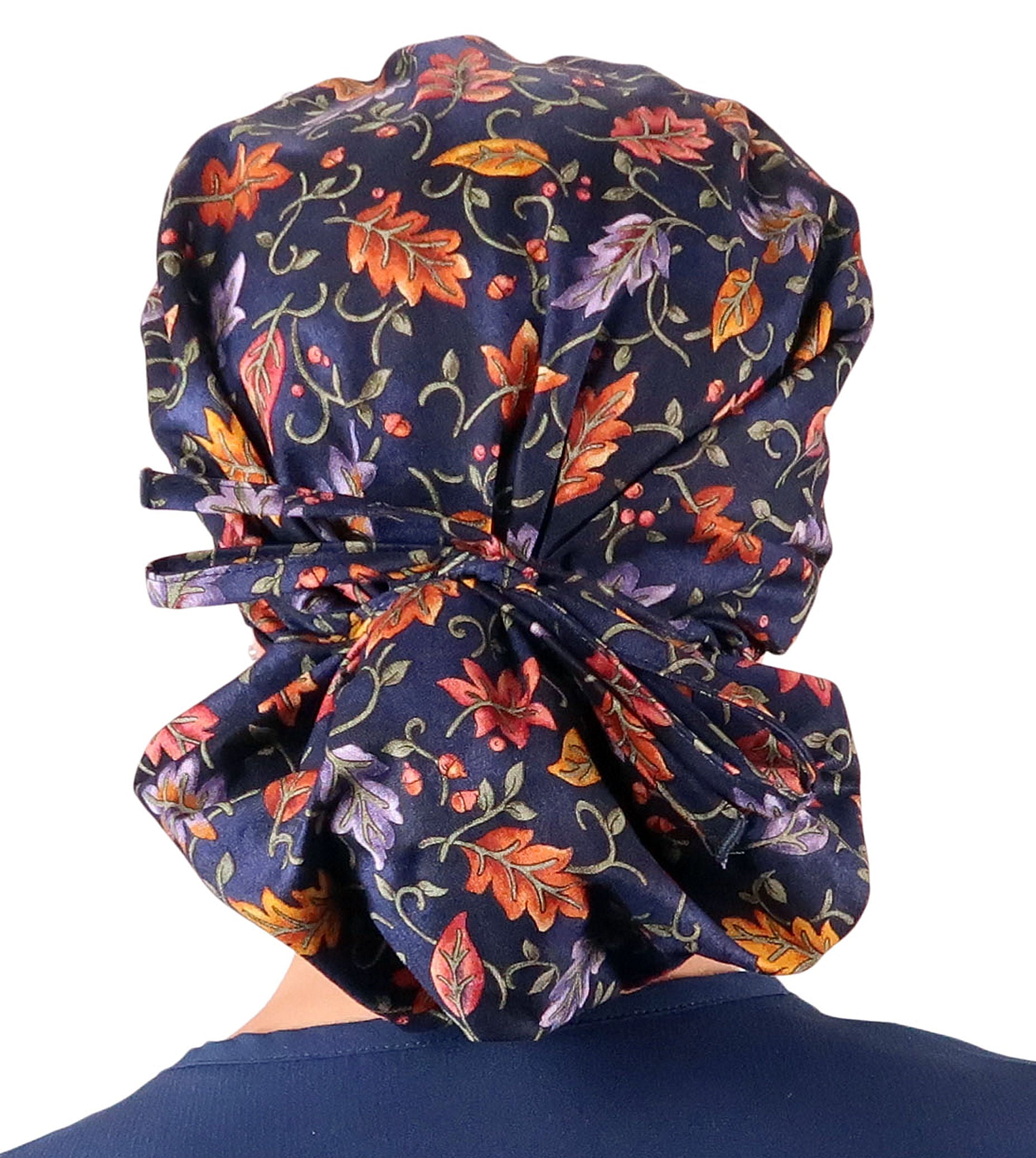 Stylish American Made Banded Bouffant Ponytail Scrub Cap - Falling Leaves on Navy Banded Bouffant Surgical Scrub Caps