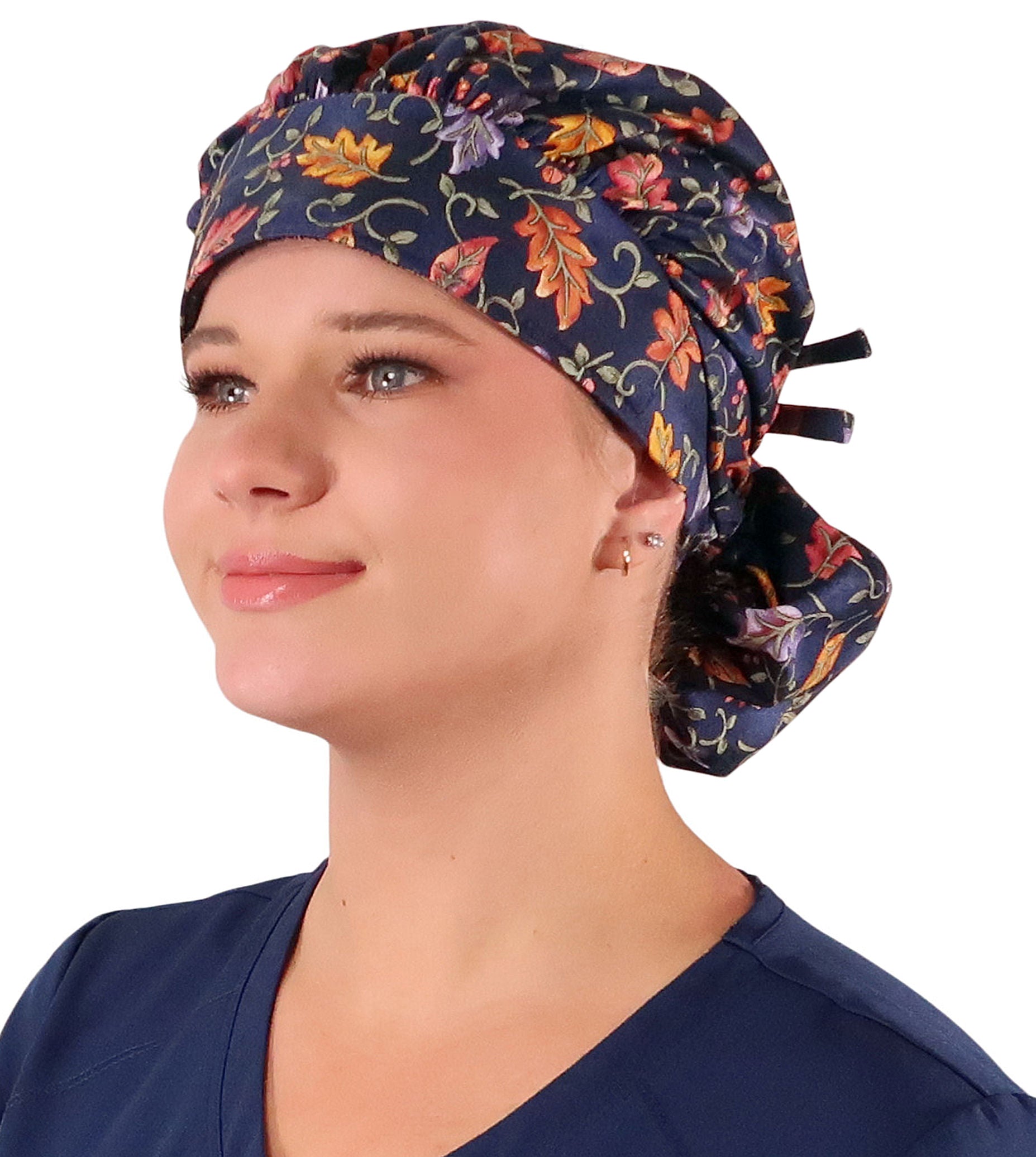 Stylish American Made Banded Bouffant Ponytail Scrub Cap - Falling Leaves on Navy Banded Bouffant Surgical Scrub Caps