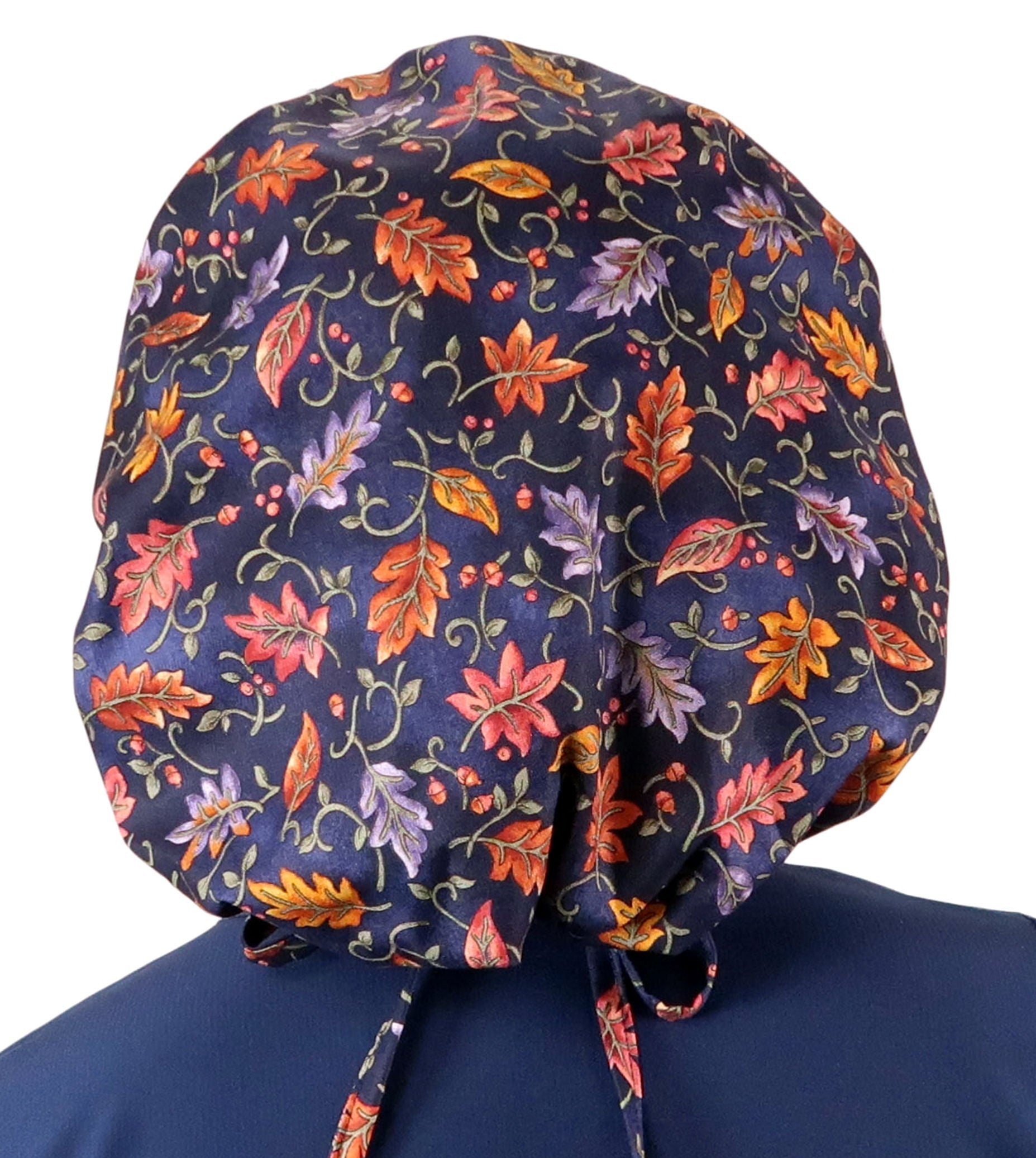 Stylish American Made Banded Bouffant Ponytail Scrub Cap - Falling Leaves on Navy Banded Bouffant Surgical Scrub Caps