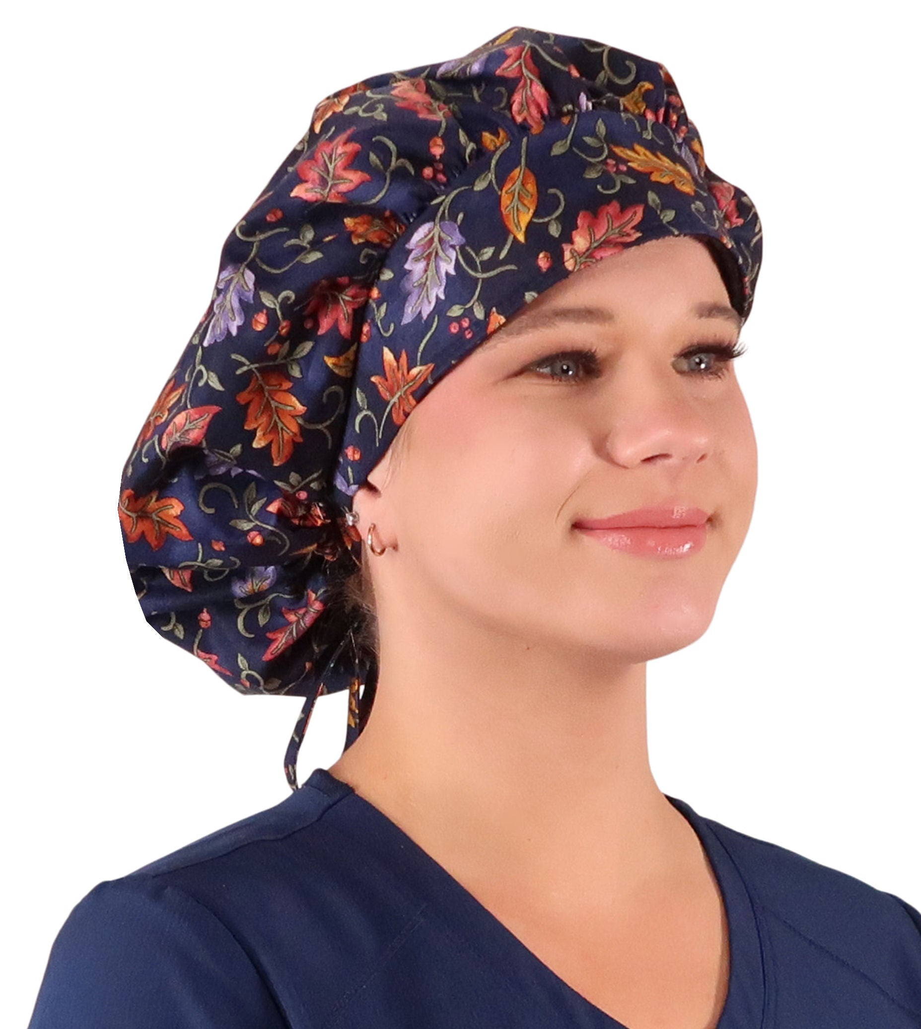 Stylish American Made Banded Bouffant Ponytail Scrub Cap - Falling Leaves on Navy Banded Bouffant Surgical Scrub Caps