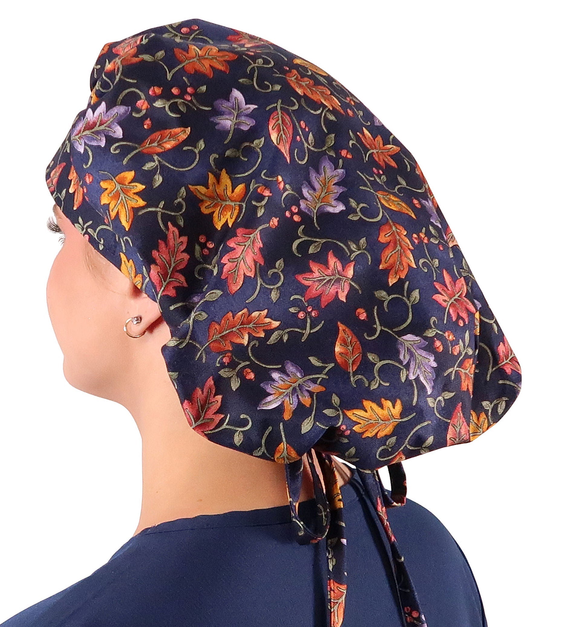Stylish American Made Banded Bouffant Ponytail Scrub Cap - Falling Leaves on Navy Banded Bouffant Surgical Scrub Caps