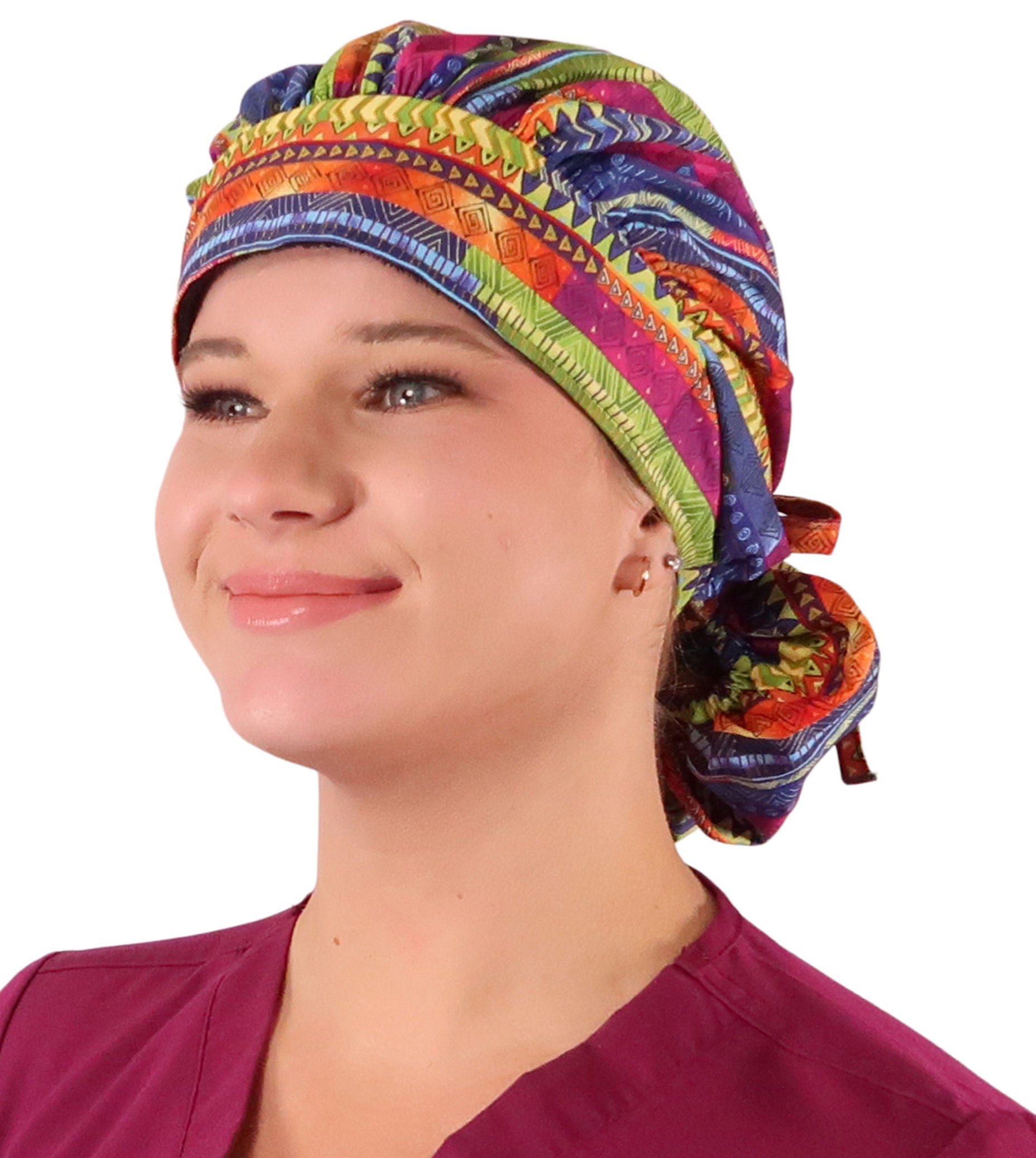 Stylish American Made Banded Bouffant Ponytail Scrub Cap - African Rhythm Banded Bouffant Surgical Scrub Caps