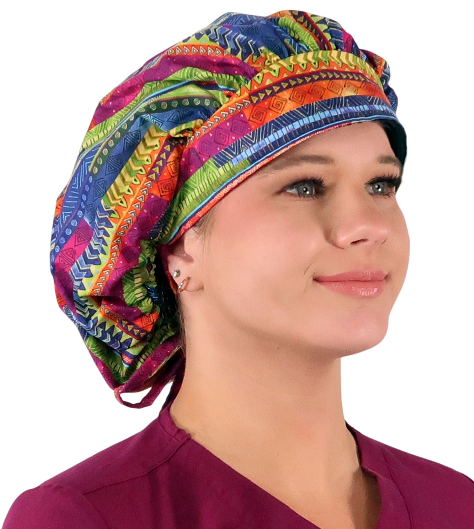 Stylish American Made Banded Bouffant Ponytail Scrub Cap - African Rhythm Banded Bouffant Surgical Scrub Caps