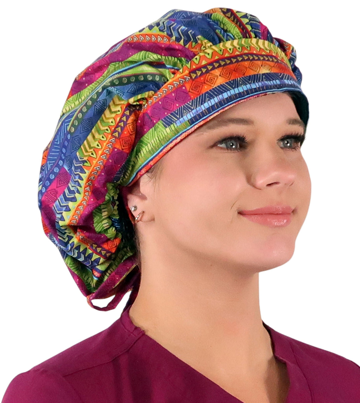 Stylish American Made Banded Bouffant Ponytail Scrub Cap - African Rhythm Banded Bouffant Surgical Scrub Caps