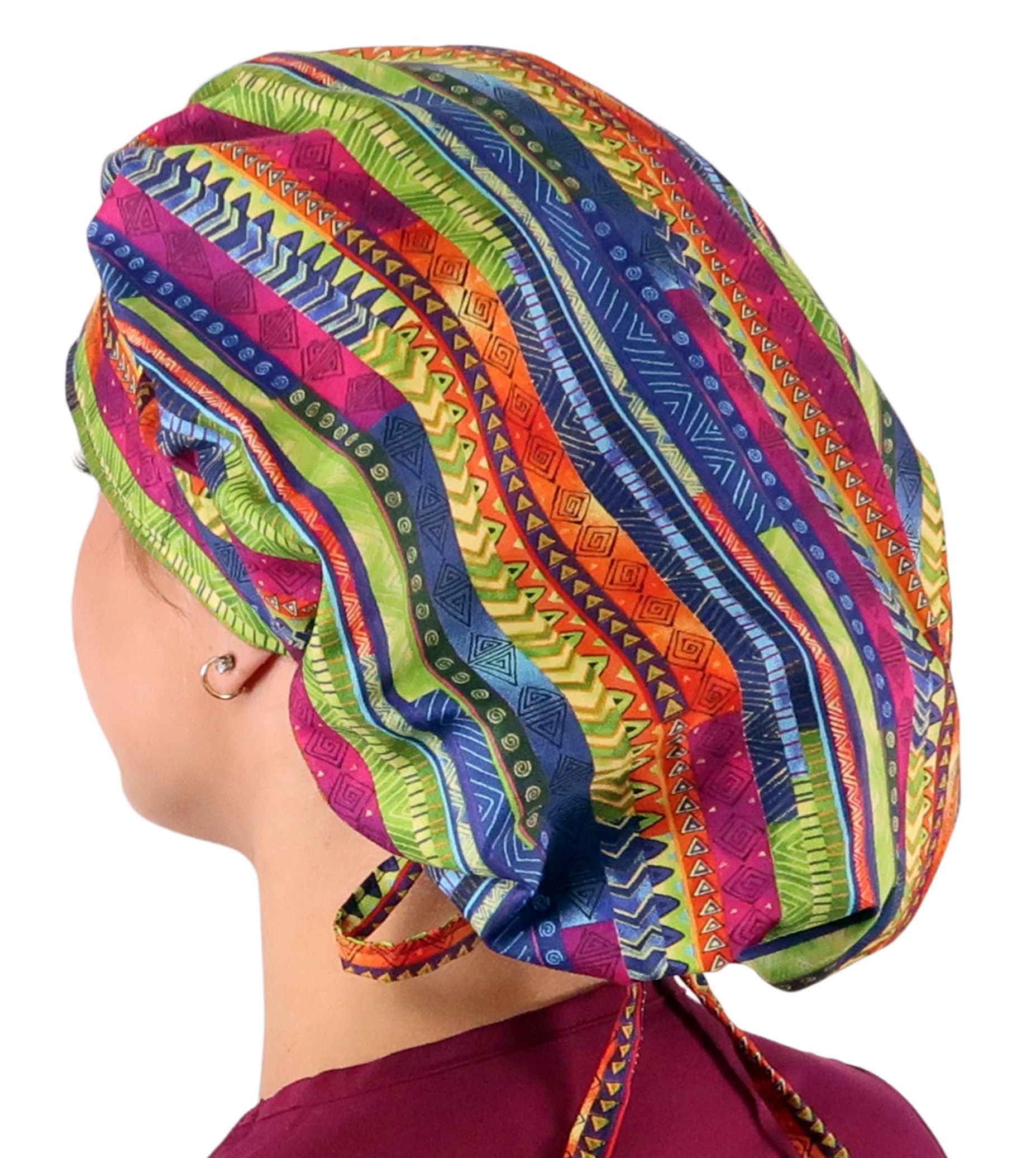 Stylish American Made Banded Bouffant Ponytail Scrub Cap - African Rhythm Banded Bouffant Surgical Scrub Caps