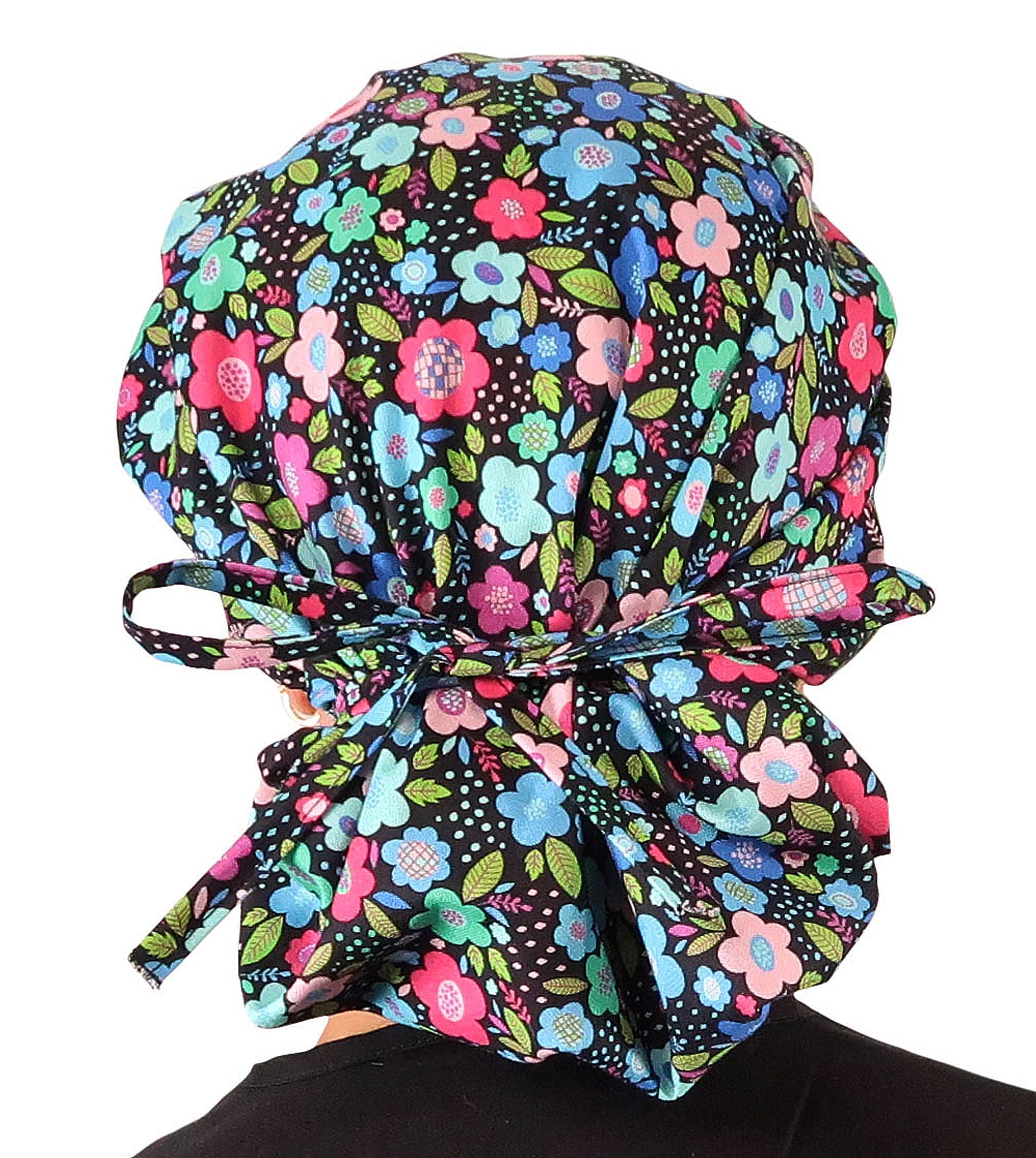 Stylish American Made Banded Bouffant Ponytail Scrub Cap - Precious Posies Banded Bouffant Surgical Scrub Caps
