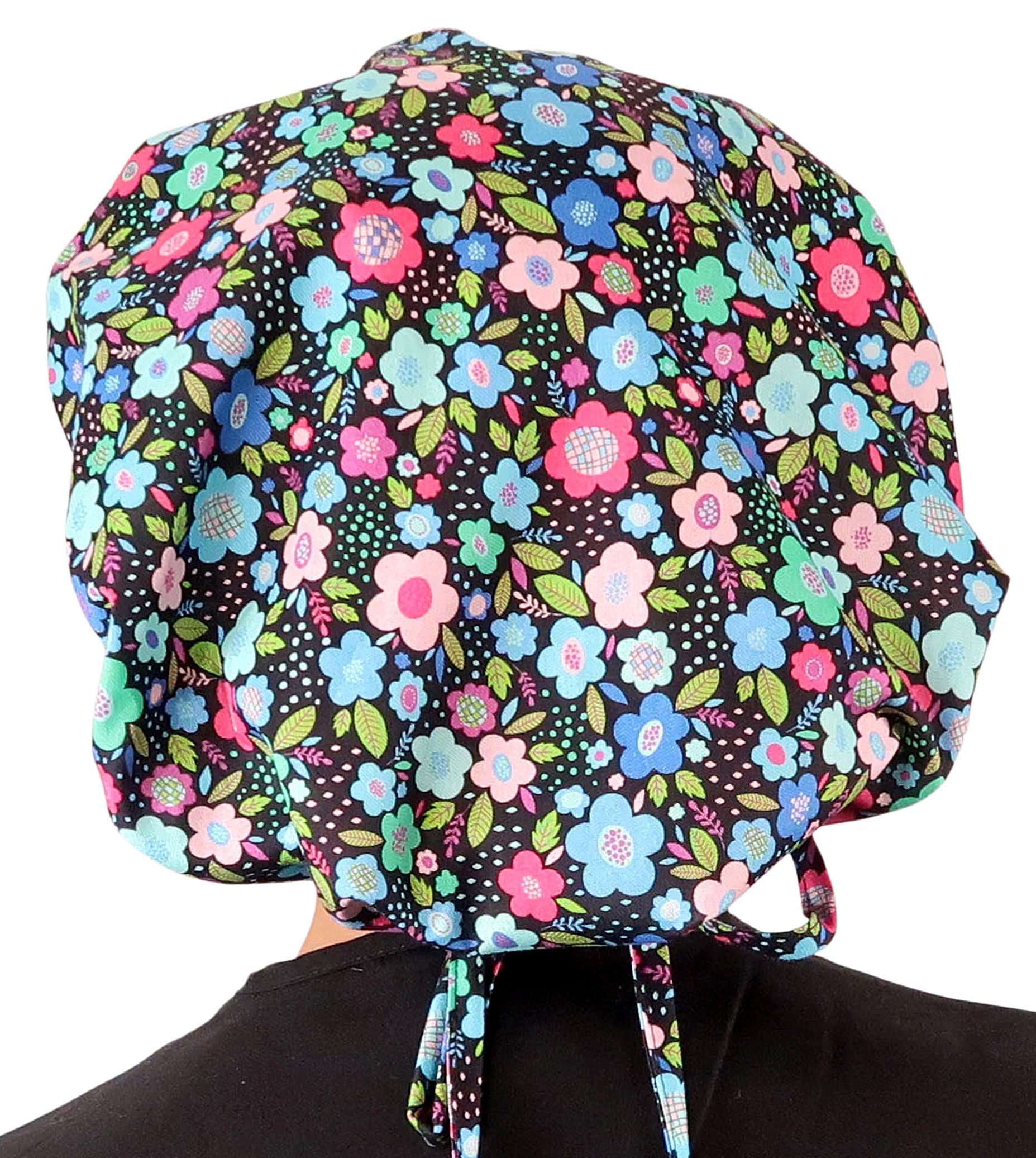 Stylish American Made Banded Bouffant Ponytail Scrub Cap - Precious Posies Banded Bouffant Surgical Scrub Caps