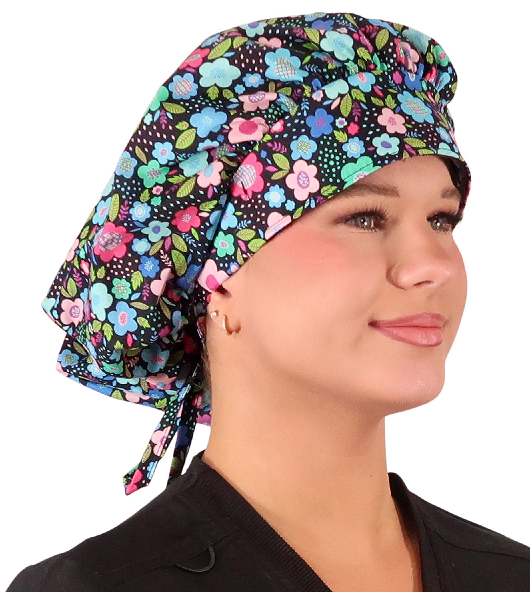 Stylish American Made Banded Bouffant Ponytail Scrub Cap - Precious Posies Banded Bouffant Surgical Scrub Caps