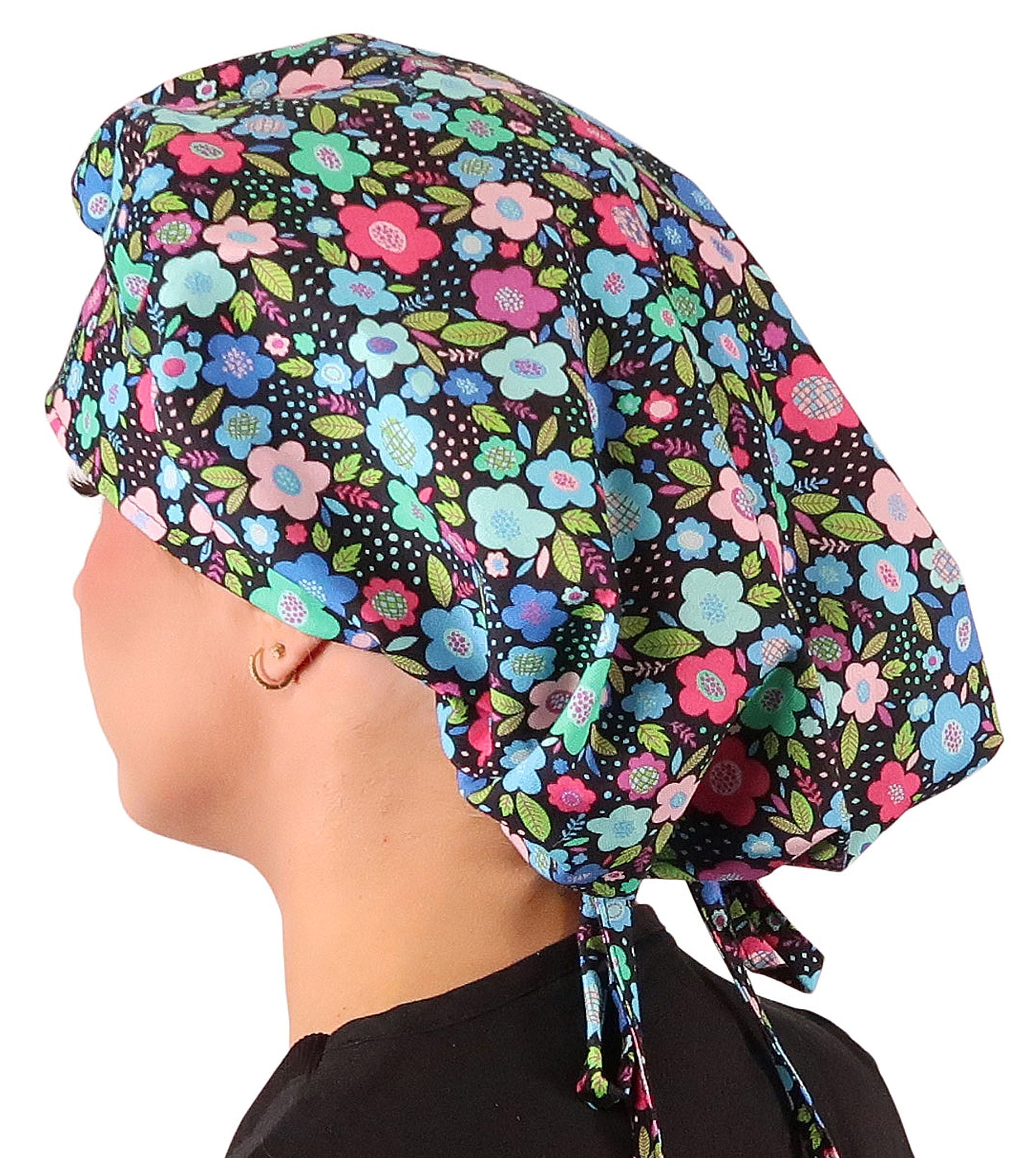 Stylish American Made Banded Bouffant Ponytail Scrub Cap - Precious Posies Banded Bouffant Surgical Scrub Caps