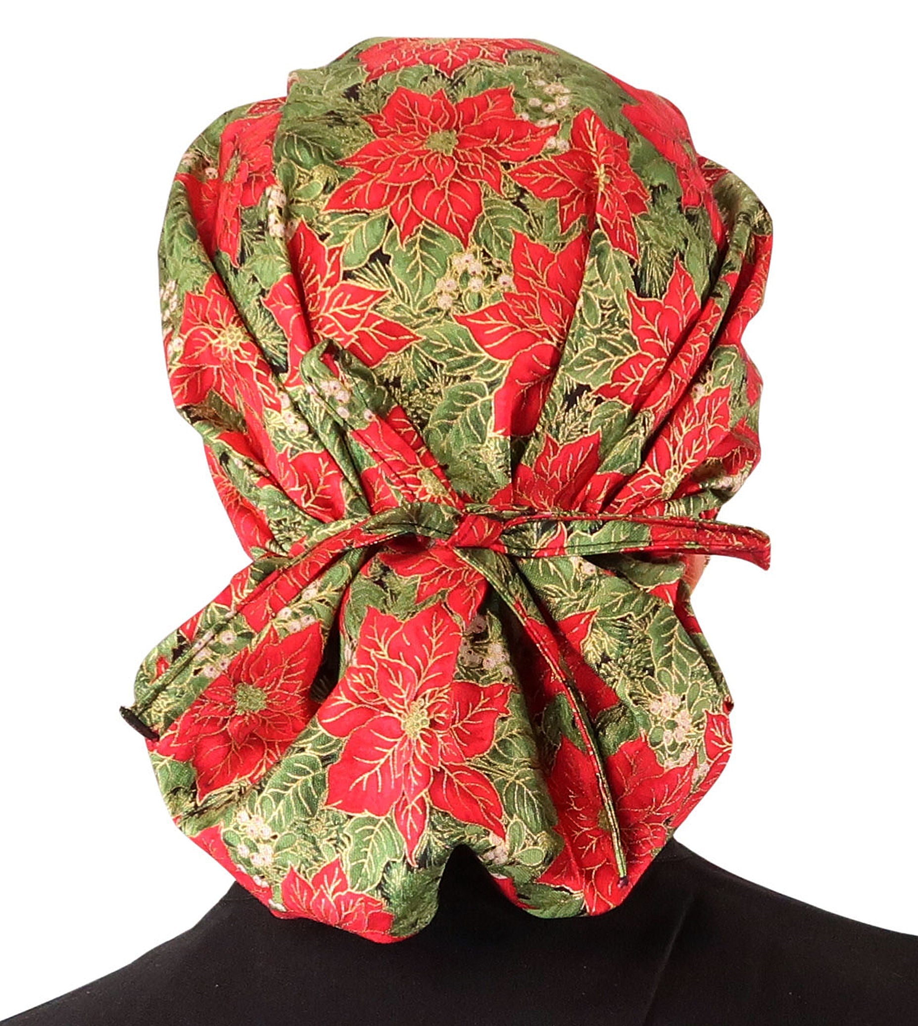 Stylish American Made Banded Bouffant Ponytail Scrub Cap - Golden Metallic Poinsettias Banded Bouffant Surgical Scrub