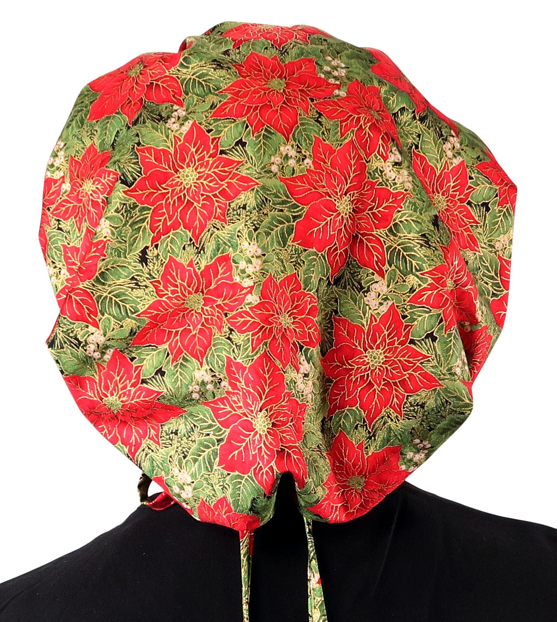 Stylish American Made Banded Bouffant Ponytail Scrub Cap - Golden Metallic Poinsettias Banded Bouffant Surgical Scrub