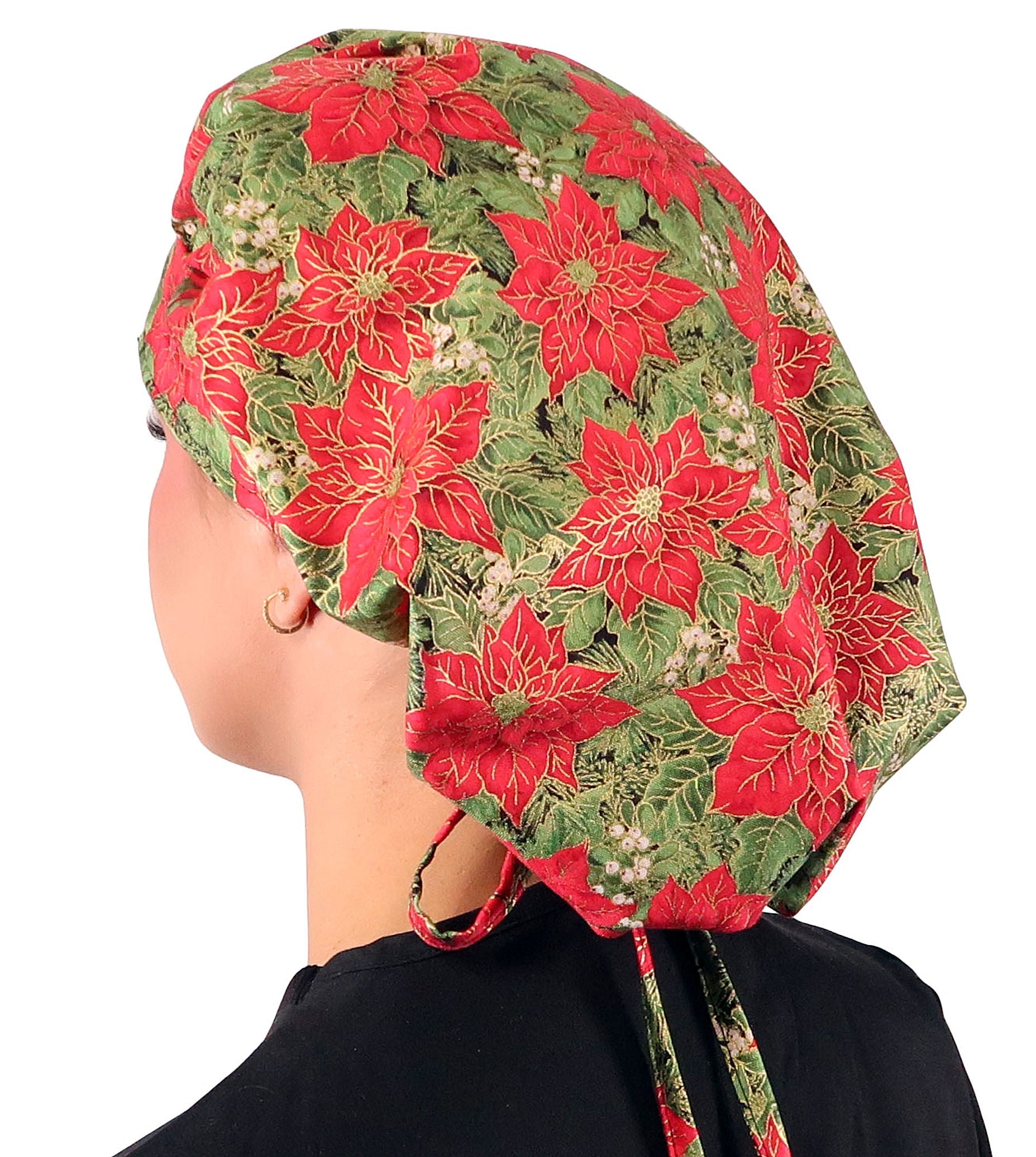 Stylish American Made Banded Bouffant Ponytail Scrub Cap - Golden Metallic Poinsettias Banded Bouffant Surgical Scrub