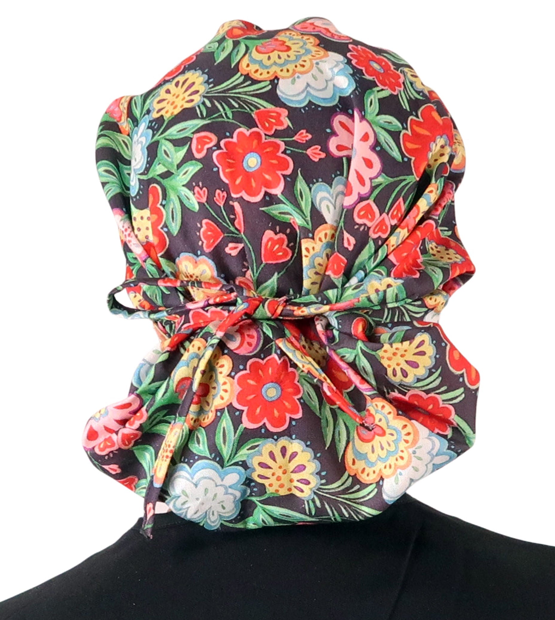 Stylish American Made Banded Bouffant Ponytail Scrub Cap - Petal Parade on Navy Banded Bouffant Surgical Scrub Caps