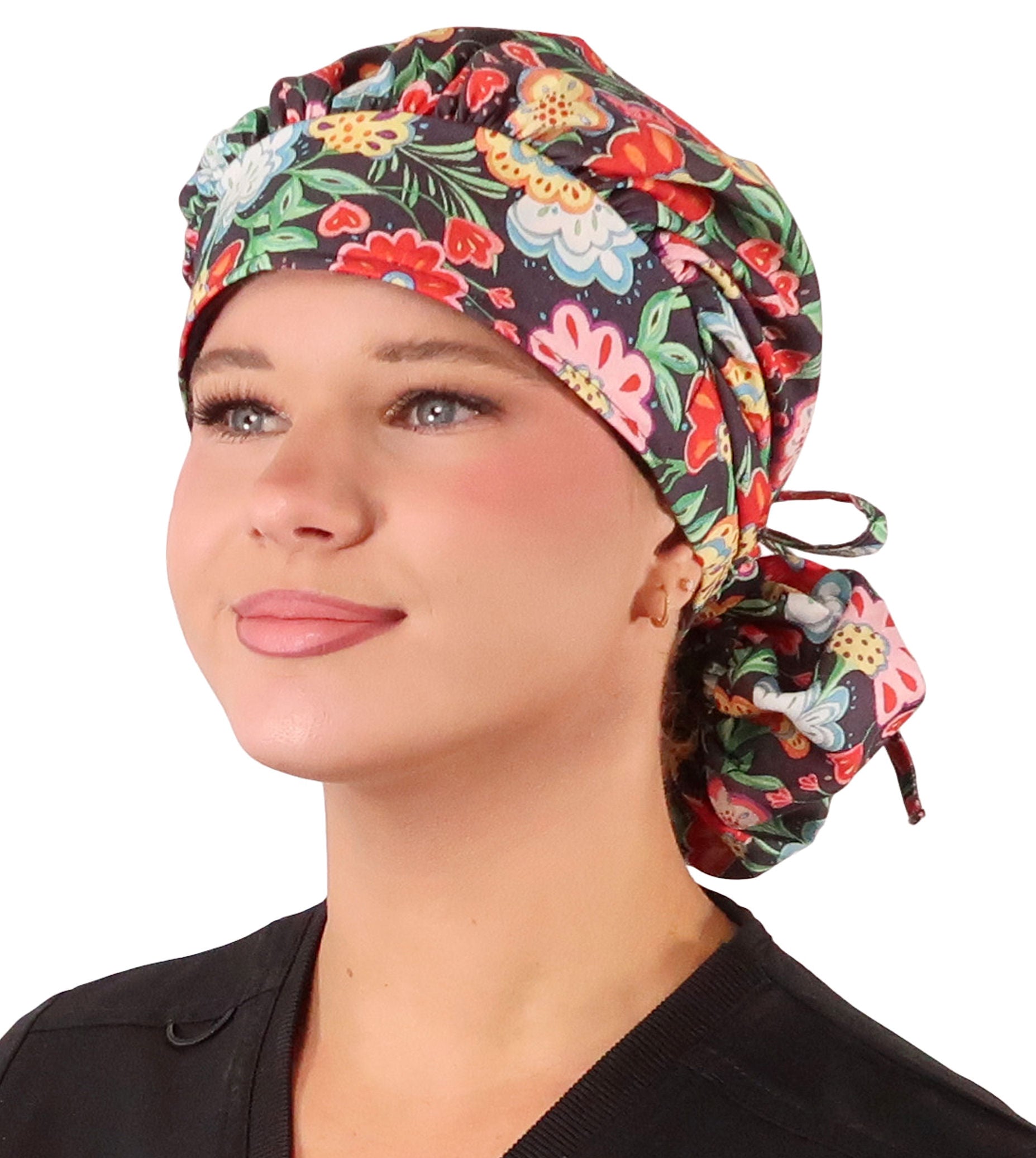 Stylish American Made Banded Bouffant Ponytail Scrub Cap - Petal Parade on Navy Banded Bouffant Surgical Scrub Caps