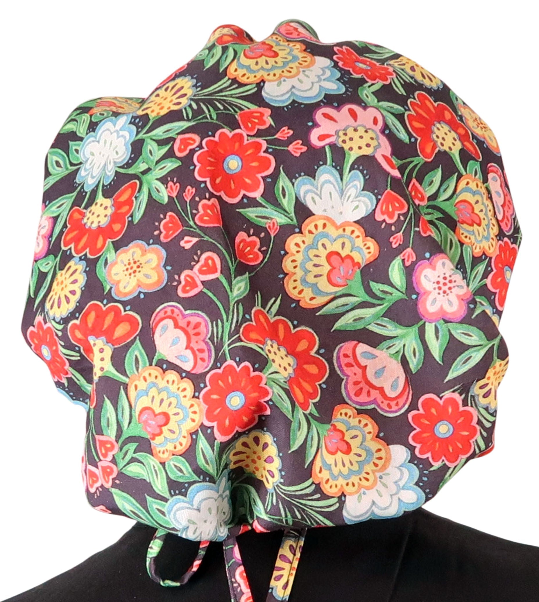 Stylish American Made Banded Bouffant Ponytail Scrub Cap - Petal Parade on Navy Banded Bouffant Surgical Scrub Caps