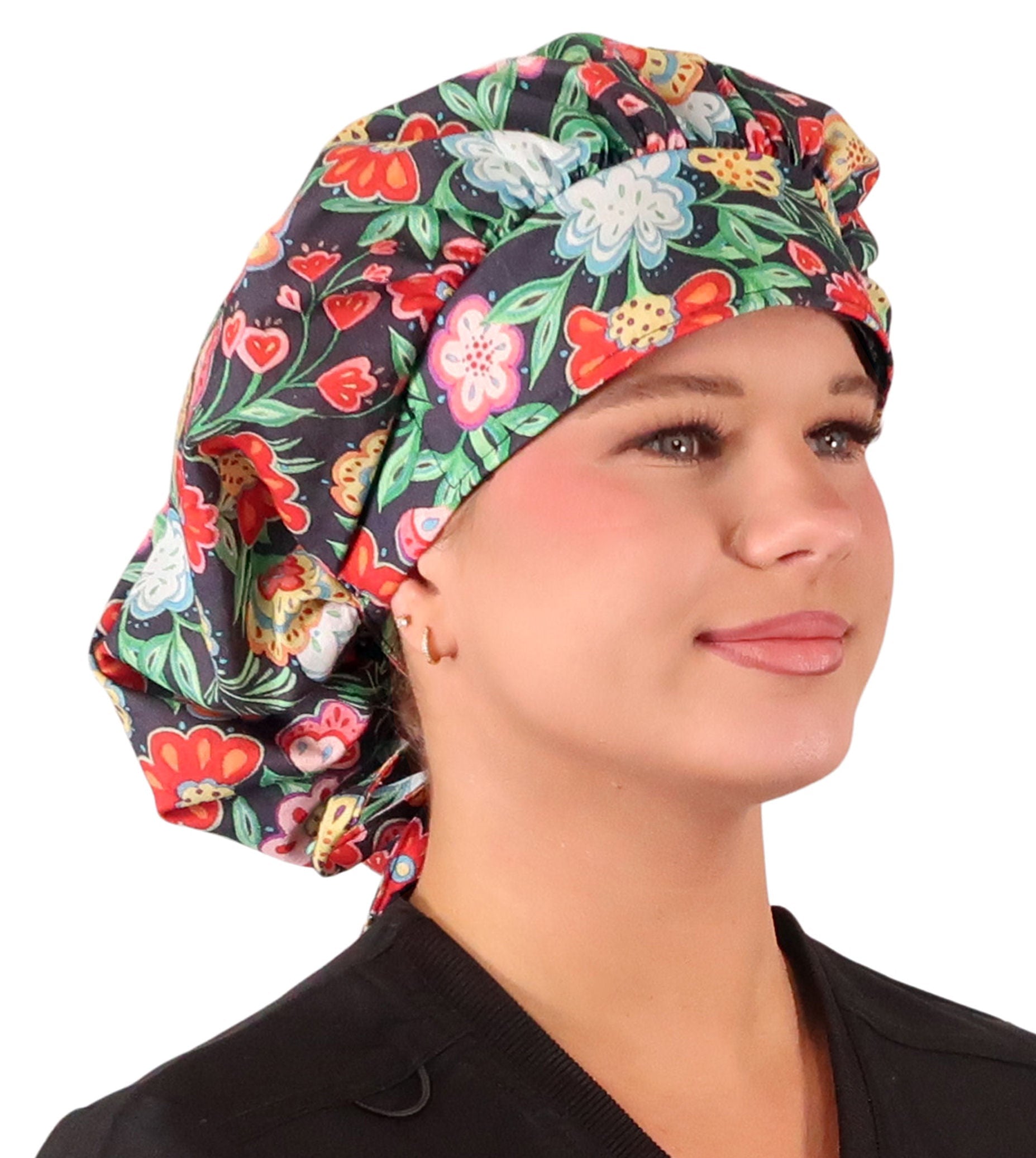Stylish American Made Banded Bouffant Ponytail Scrub Cap - Petal Parade on Navy Banded Bouffant Surgical Scrub Caps