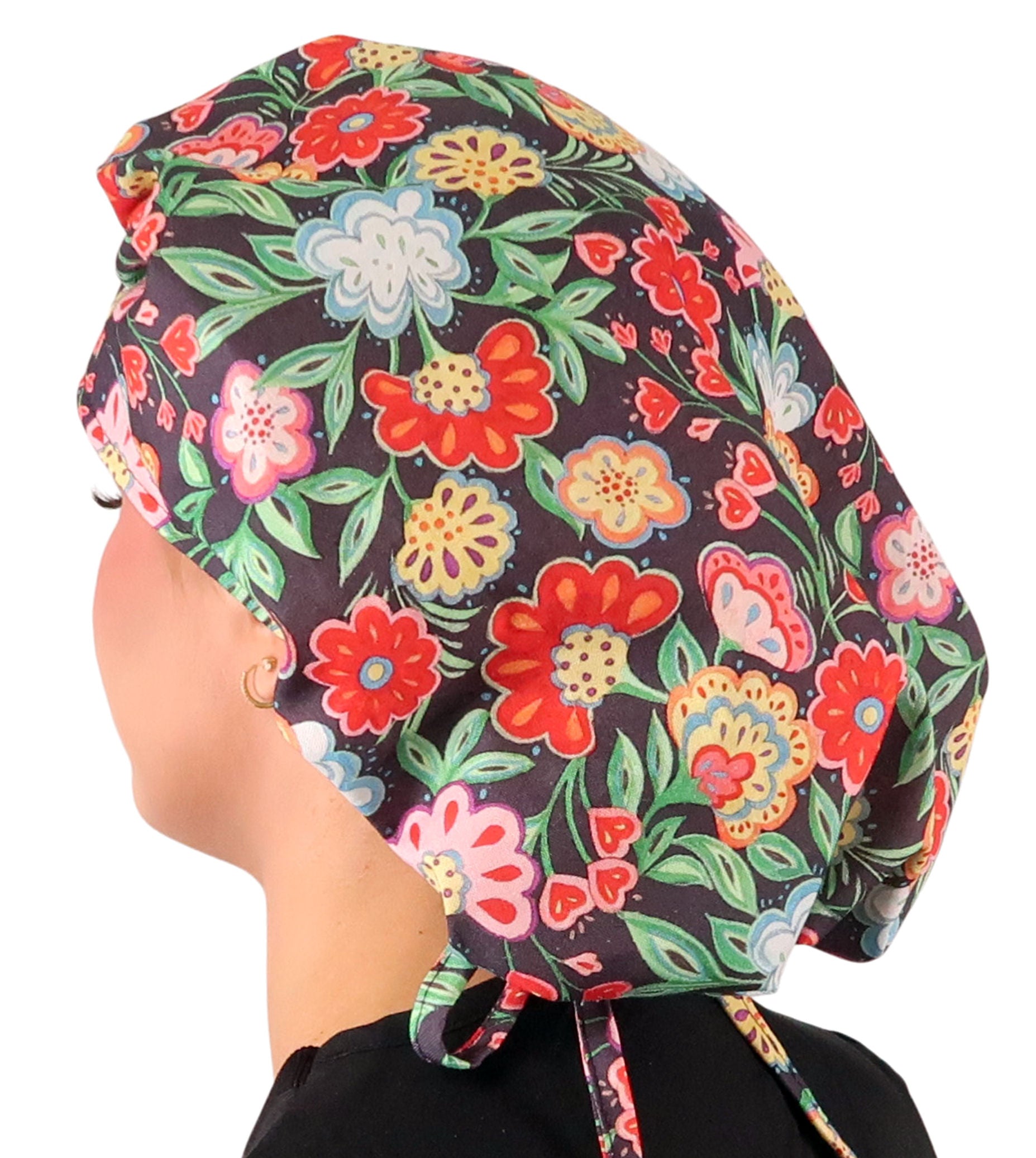 Stylish American Made Banded Bouffant Ponytail Scrub Cap - Petal Parade on Navy Banded Bouffant Surgical Scrub Caps