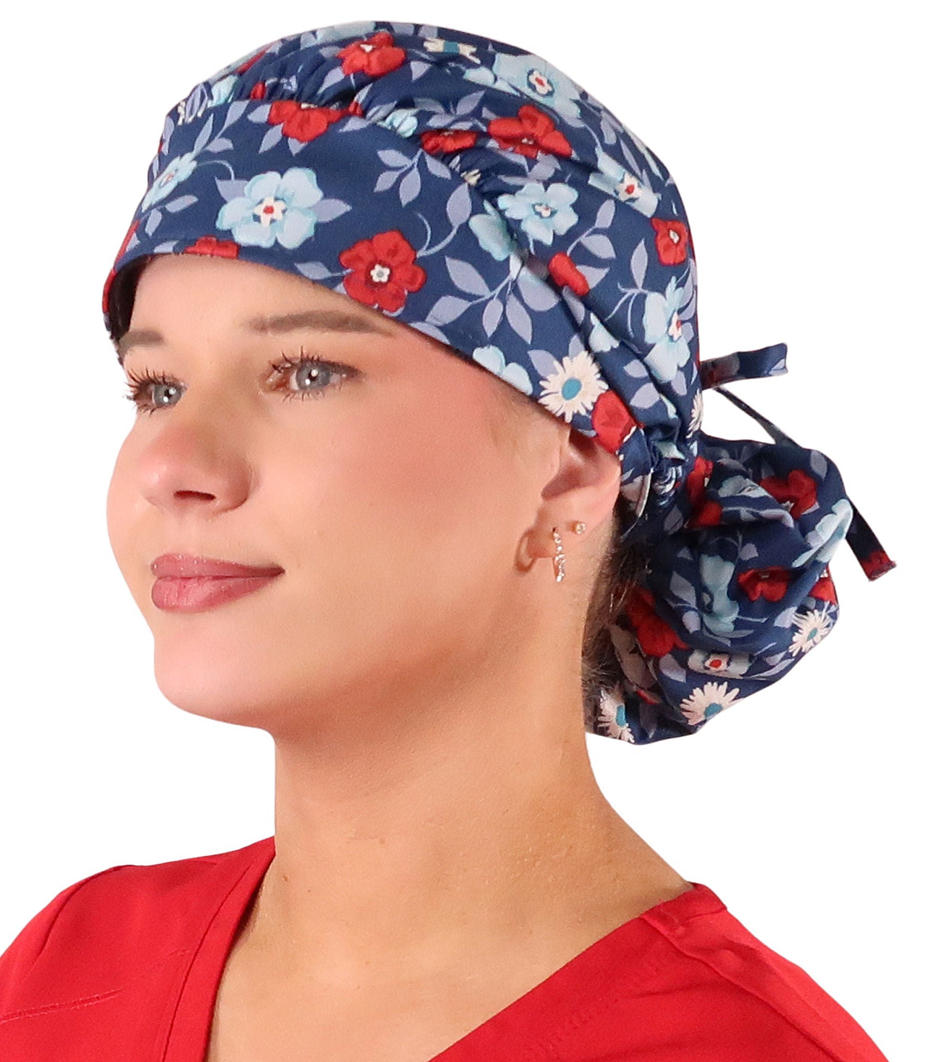 Stylish American Made Banded Bouffant Ponytail Scrub Cap - Festive Flowers Banded Bouffant Ponytail Surgical Scrub Caps