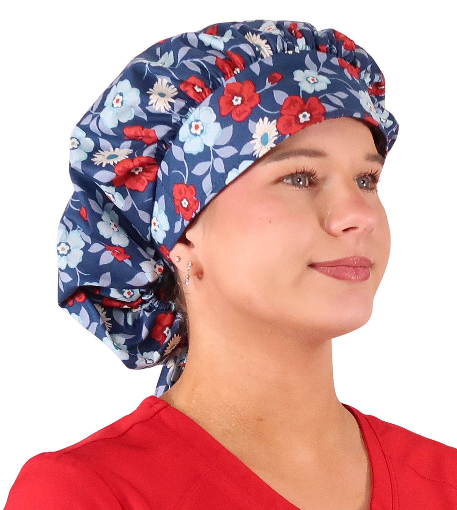 Stylish American Made Banded Bouffant Ponytail Scrub Cap - Festive Flowers Banded Bouffant Ponytail Surgical Scrub Caps