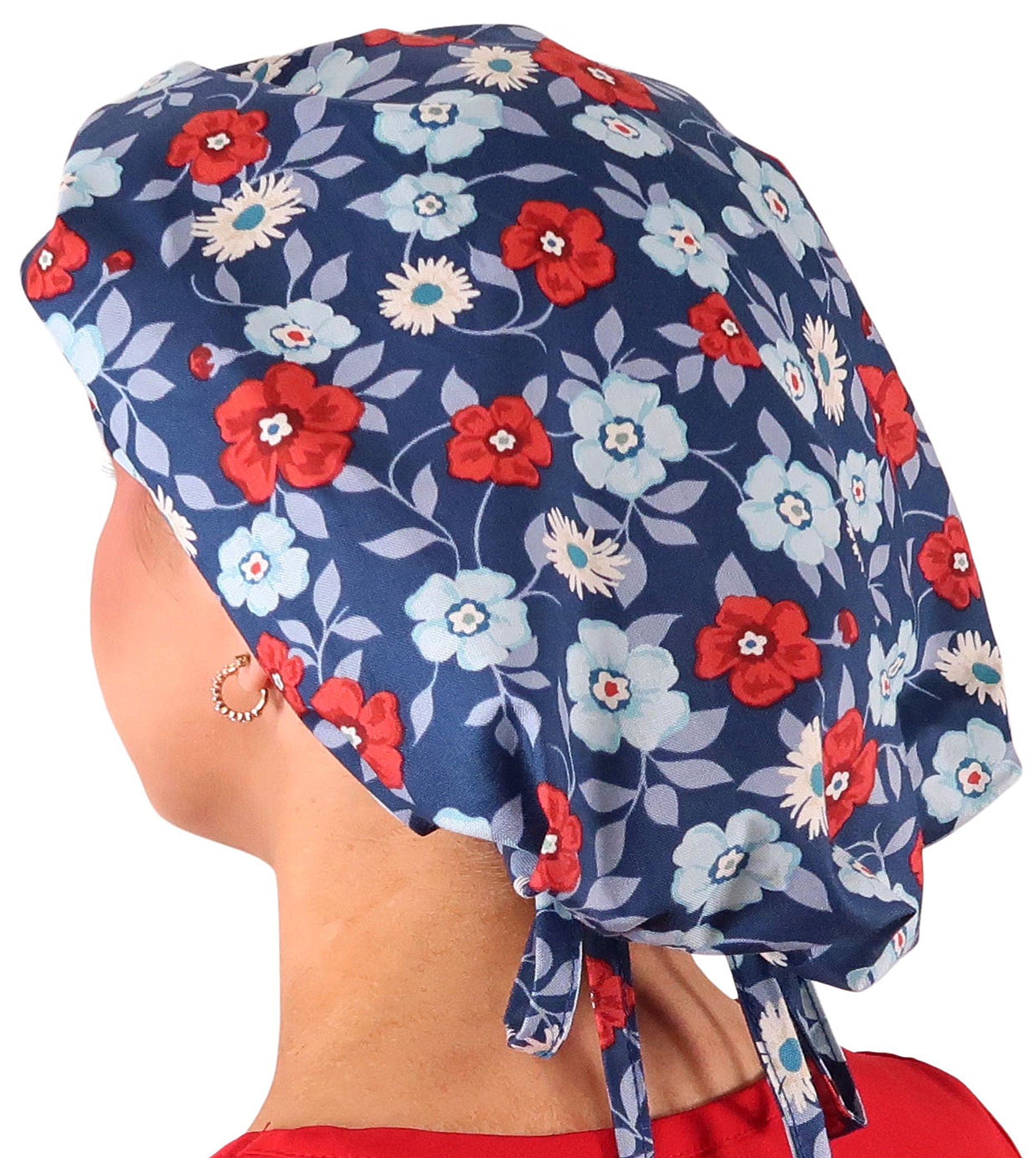 Stylish American Made Banded Bouffant Ponytail Scrub Cap - Festive Flowers Banded Bouffant Ponytail Surgical Scrub Caps