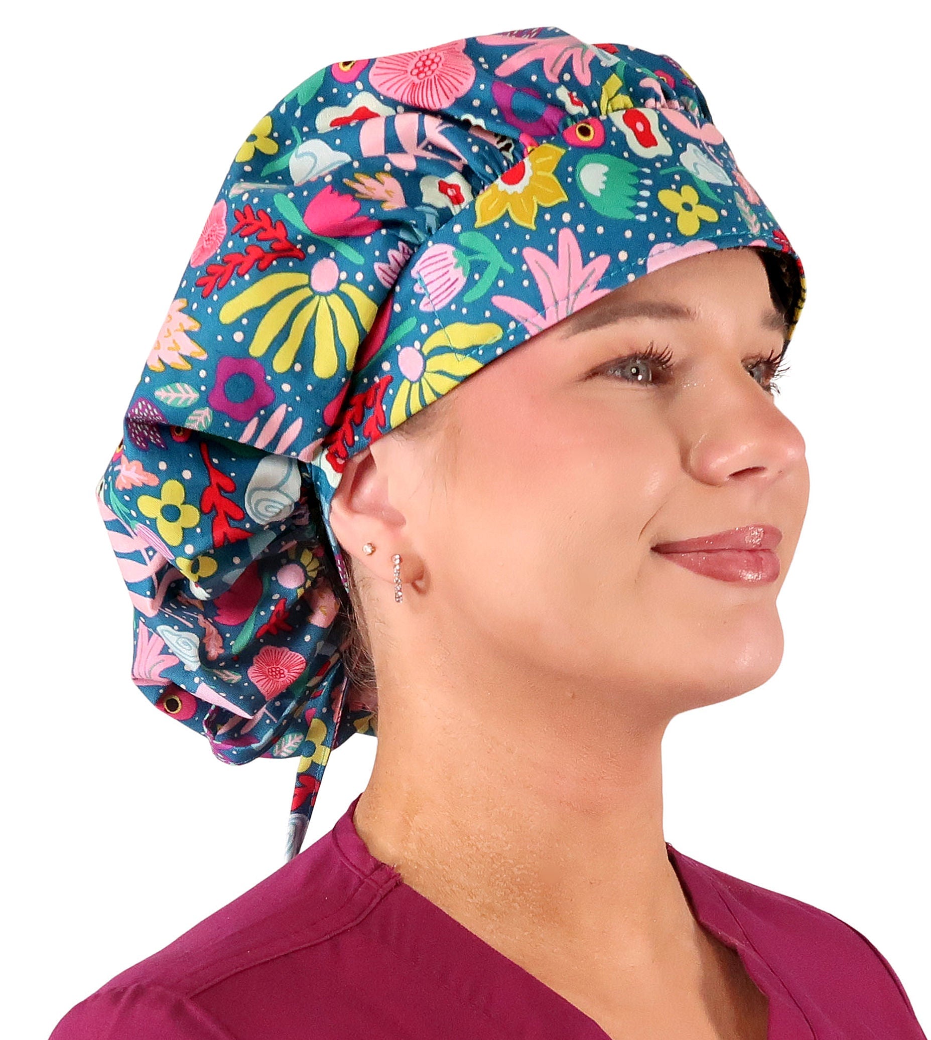 Right Side Facing View of a Woman Wearing a Bouffant Ponytail Scrub Cap - Floating Flowers Banded Bouffant Ponytail Surgical Scrub Caps Pattern