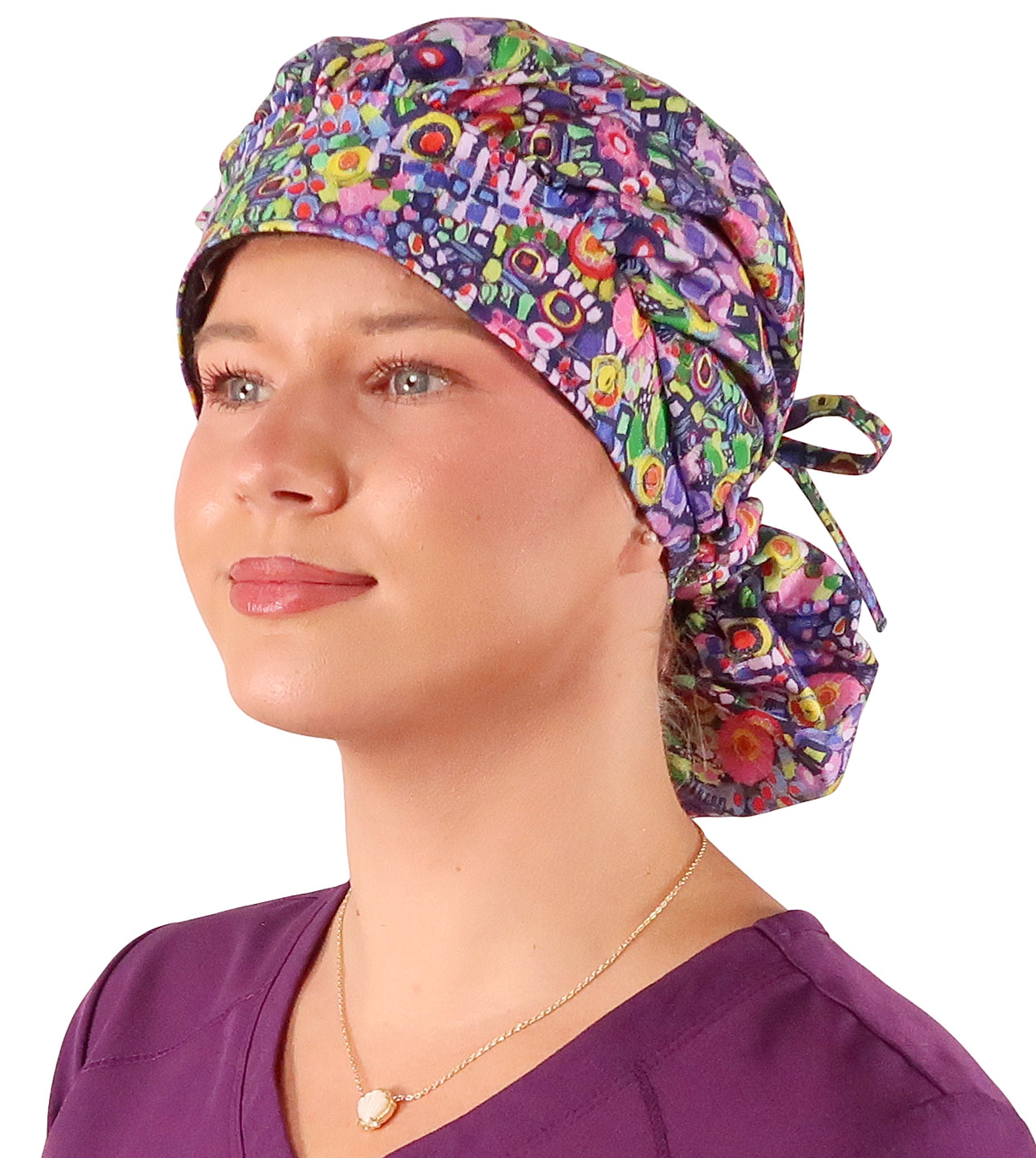 Front Facing Tied View of a Woman Wearing a Bouffant Ponytail Scrub Cap - Painted Petals Banded Bouffant Ponytail Surgical Scrub Caps Pattern