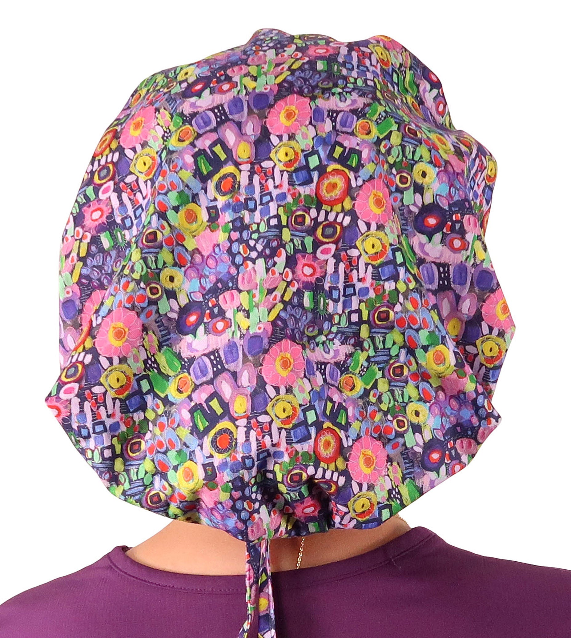 Back Facing Untied View of a Woman Wearing a Bouffant Ponytail Scrub Cap - Painted Petals Banded Bouffant Ponytail Surgical Scrub Caps Pattern