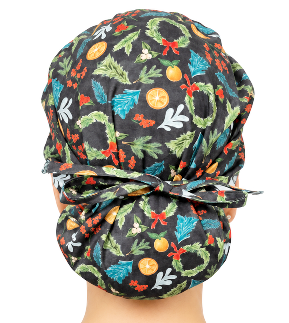 Back Facing Tied View of a Woman Wearing a Bouffant Ponytail Scrub Cap - Spruce and Spice Banded Bouffant Ponytail Surgical Scrub Caps Pattern