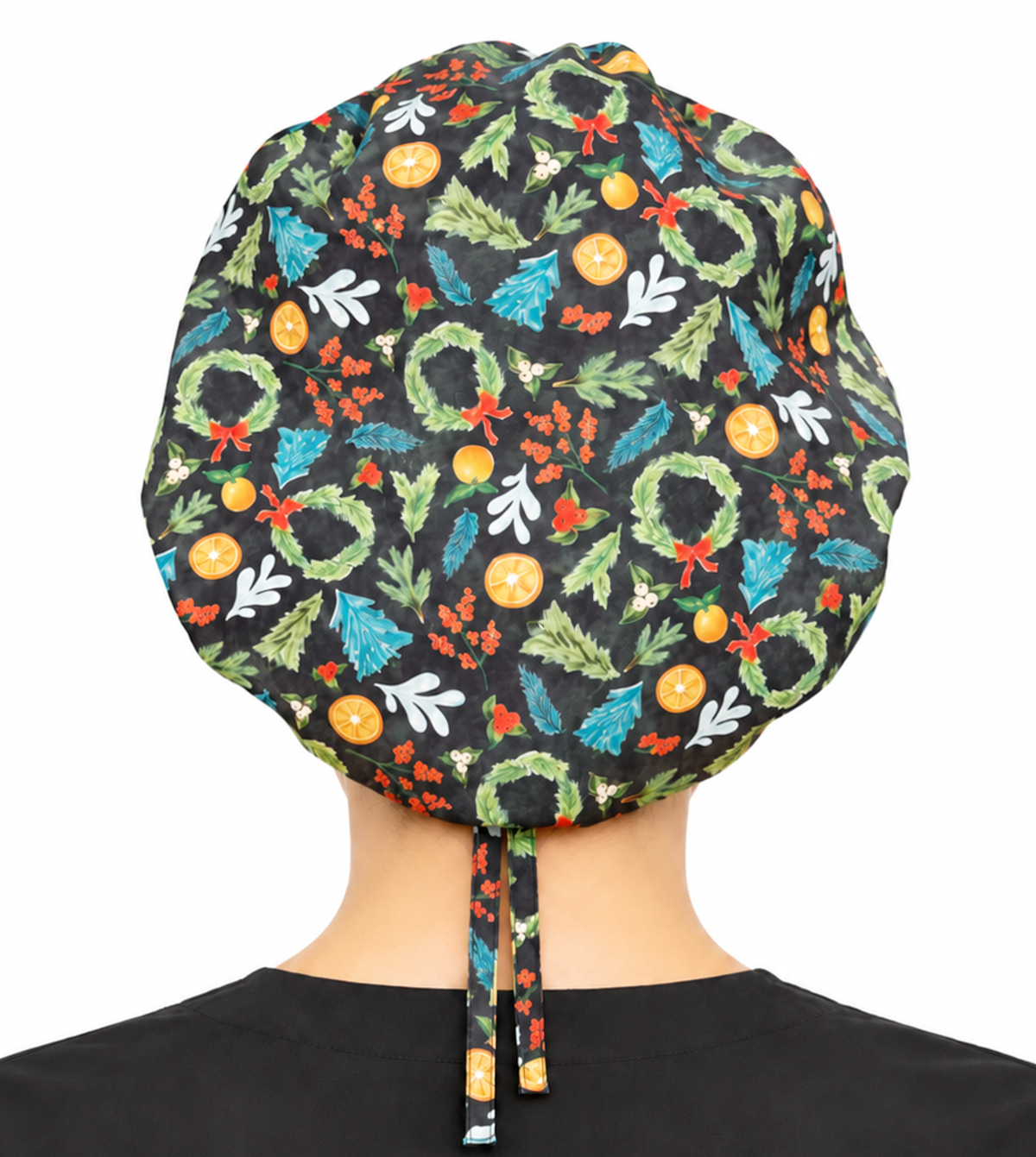 Back Facing Untied View of a Woman Wearing a Bouffant Ponytail Scrub Cap - Spruce and Spice Banded Bouffant Ponytail Surgical Scrub Caps Pattern