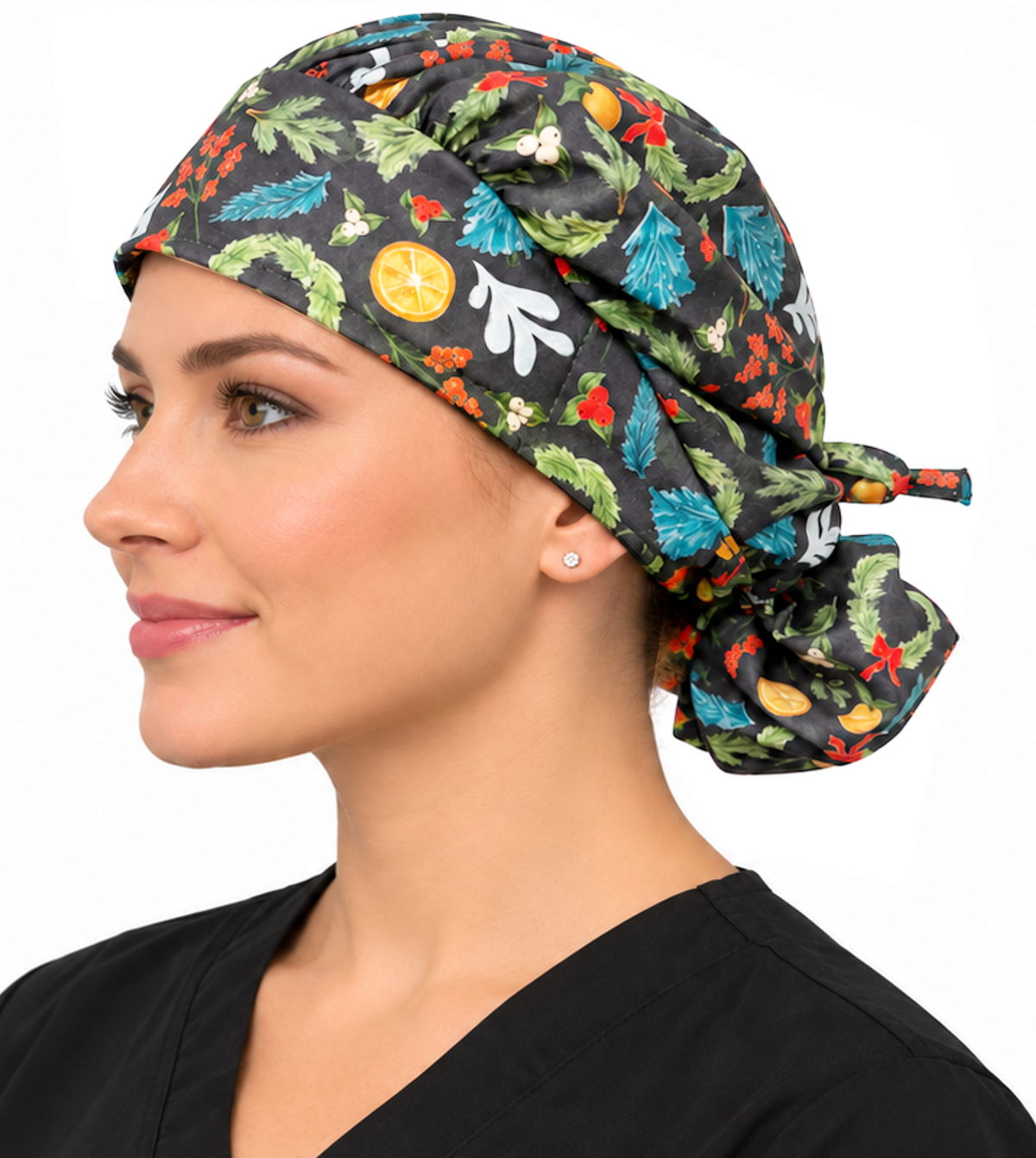 Side Facing Tied View of a Woman Wearing a Bouffant Ponytail Scrub Cap - Spruce and Spice Banded Bouffant Ponytail Surgical Scrub Caps Pattern