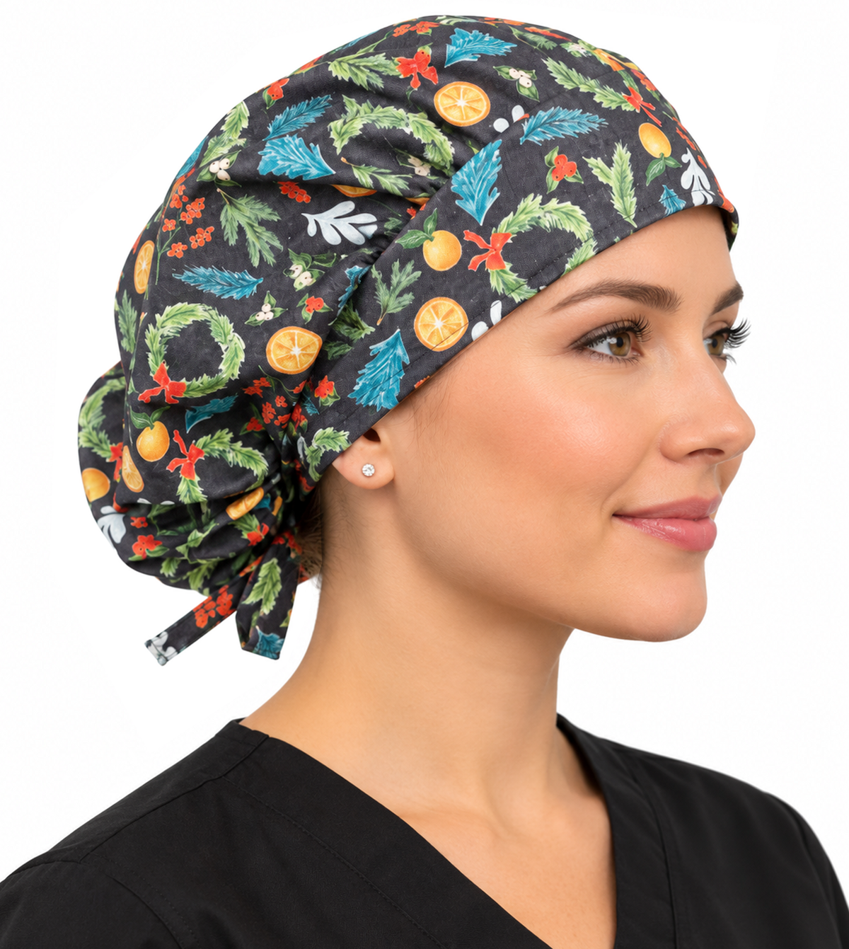 Side Facing Untied View of a Woman Wearing a Bouffant Ponytail Scrub Cap - Spruce and Spice Banded Bouffant Ponytail Surgical Scrub Caps Pattern