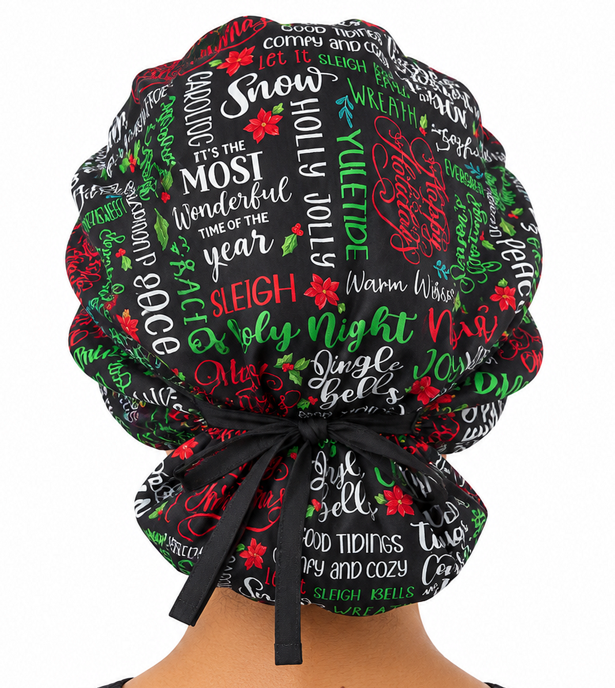 Back Facing Tied View of a Woman Wearing a Bouffant Ponytail Scrub Cap - Holly Jolly Words Banded Bouffant Ponytail Surgical Scrub Caps Pattern