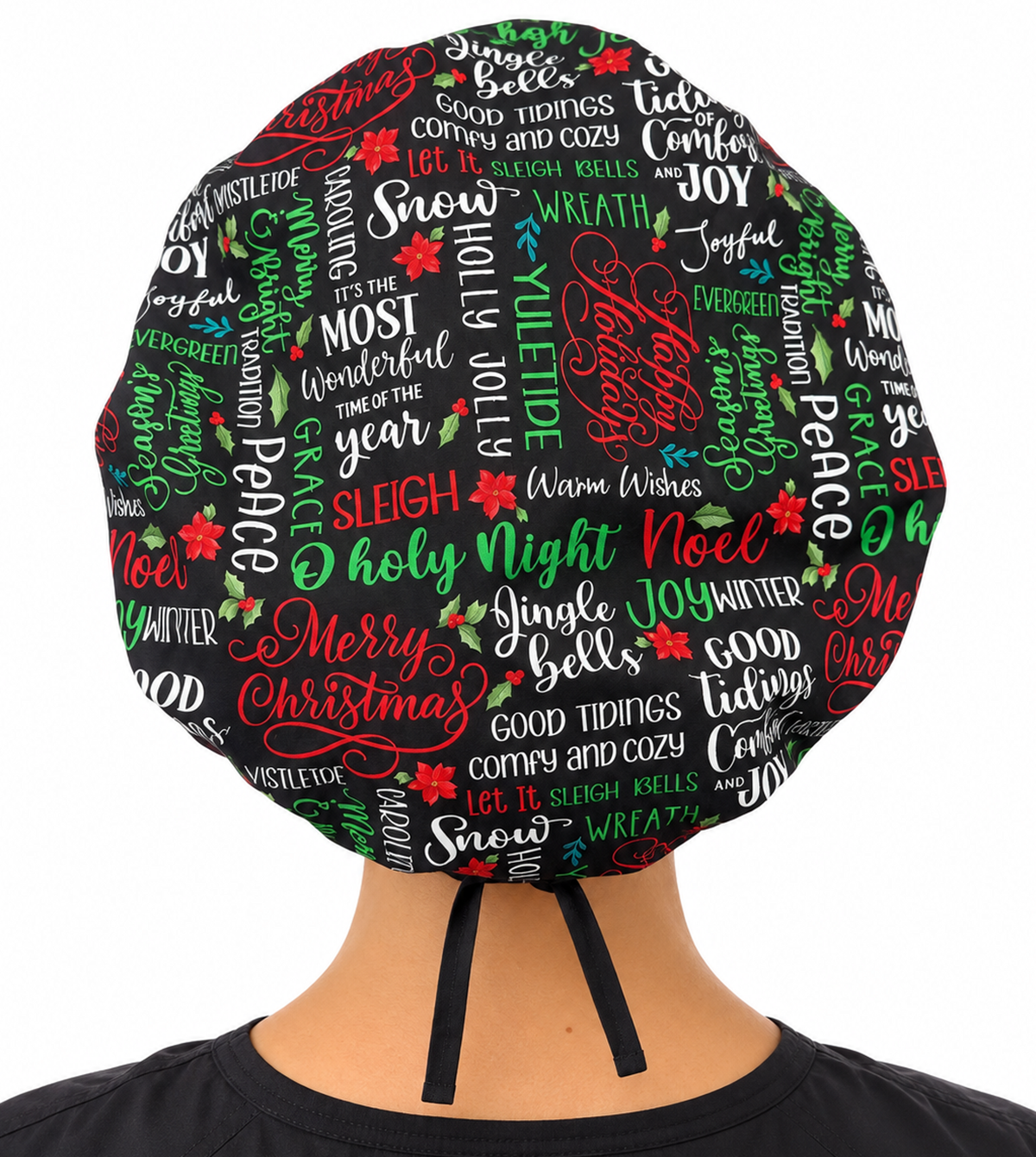 Back Facing Untied View of a Woman Wearing a Bouffant Ponytail Scrub Cap - Holly Jolly Words Banded Bouffant Ponytail Surgical Scrub Caps Pattern