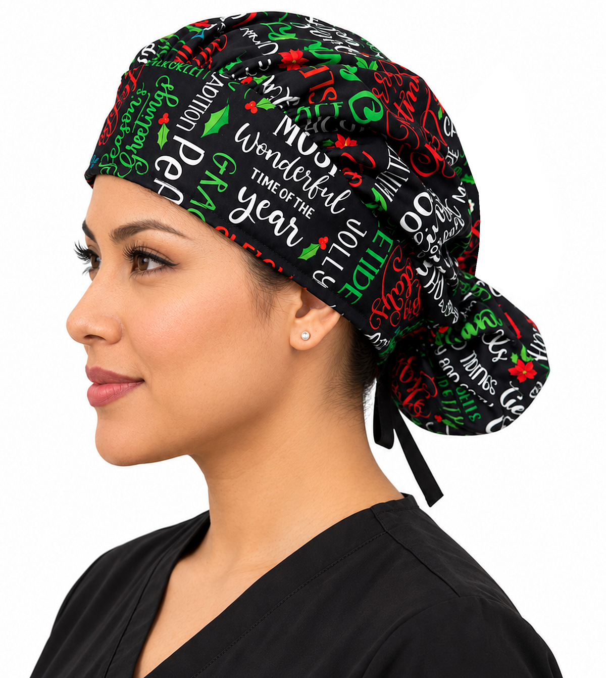 Side Facing Tied View of a Woman Wearing a Bouffant Ponytail Scrub Cap - Holly Jolly Words Banded Bouffant Ponytail Surgical Scrub Caps Pattern