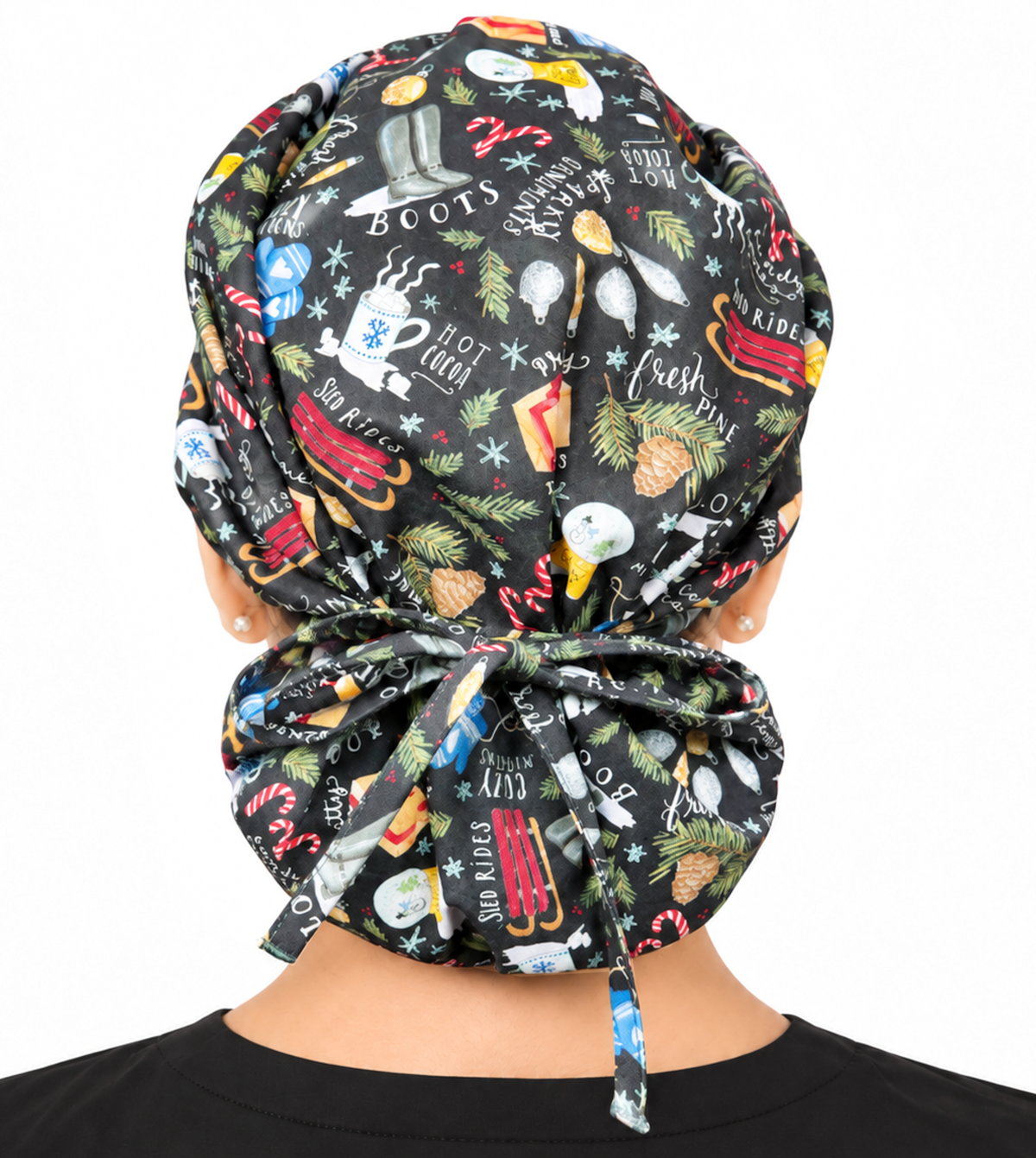 Back Facing Tied View of a Woman Wearing a Bouffant Ponytail Scrub Cap - Festive Favorites Banded Bouffant Ponytail Surgical Scrub Caps Pattern