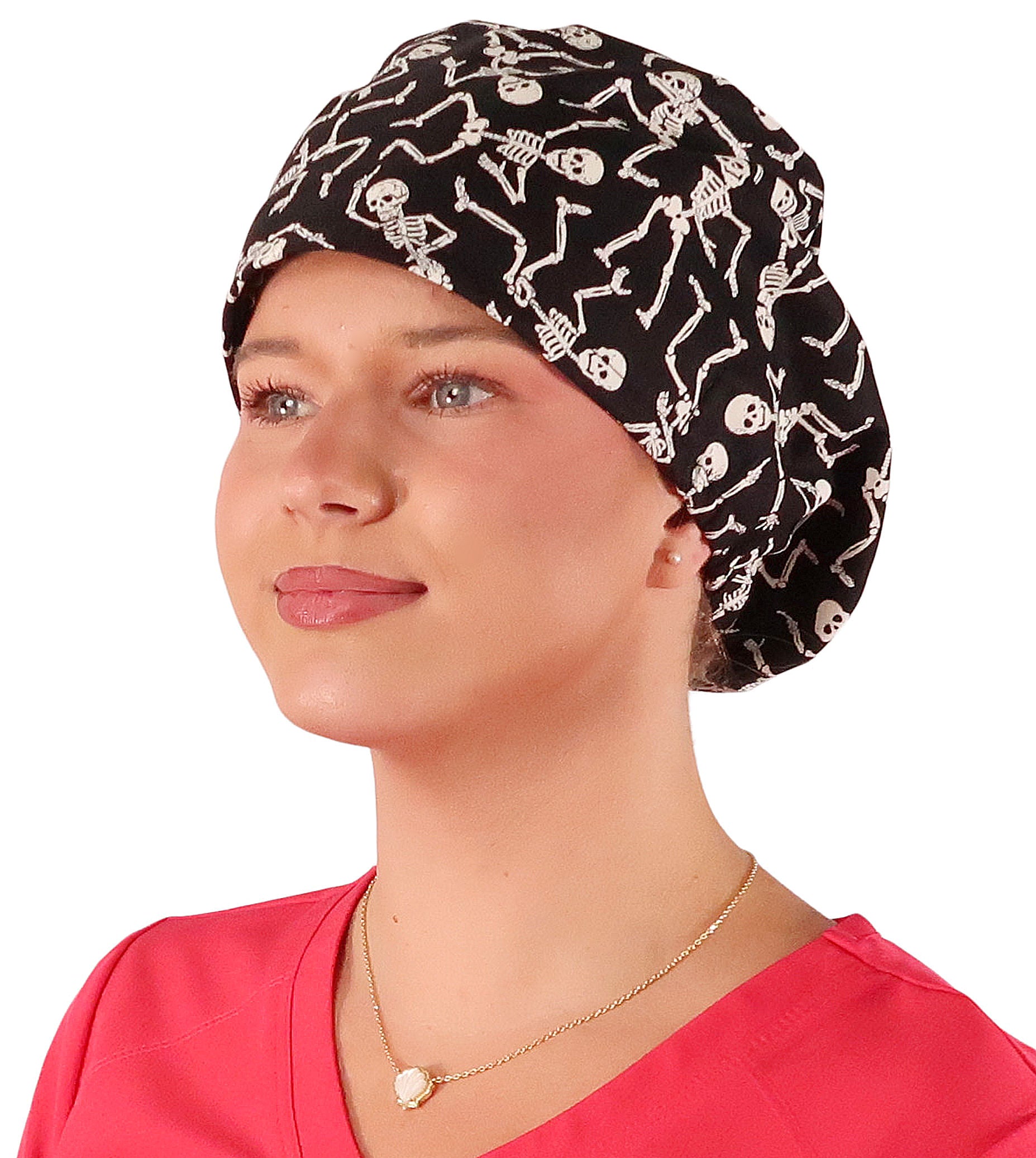 Front facing image of a woman in scrubs wearing a Dancing Skeletons (Glow In The Dark) Euro Style Riley Comfort Scrub Cap.