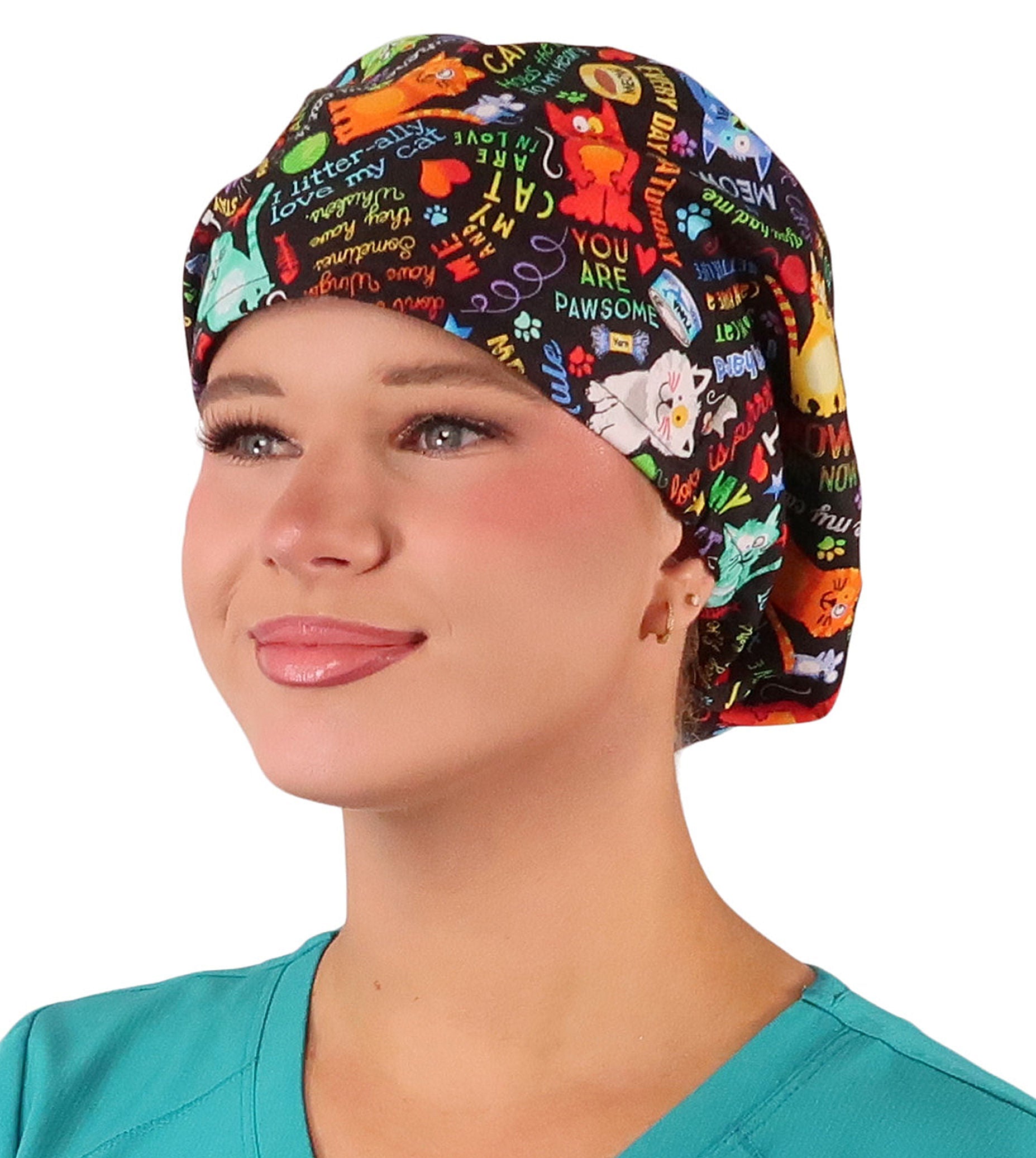 Front facing image of a woman in scrubs wearing a PURRfect Kitties Euro Style Riley Comfort Scrub Cap.