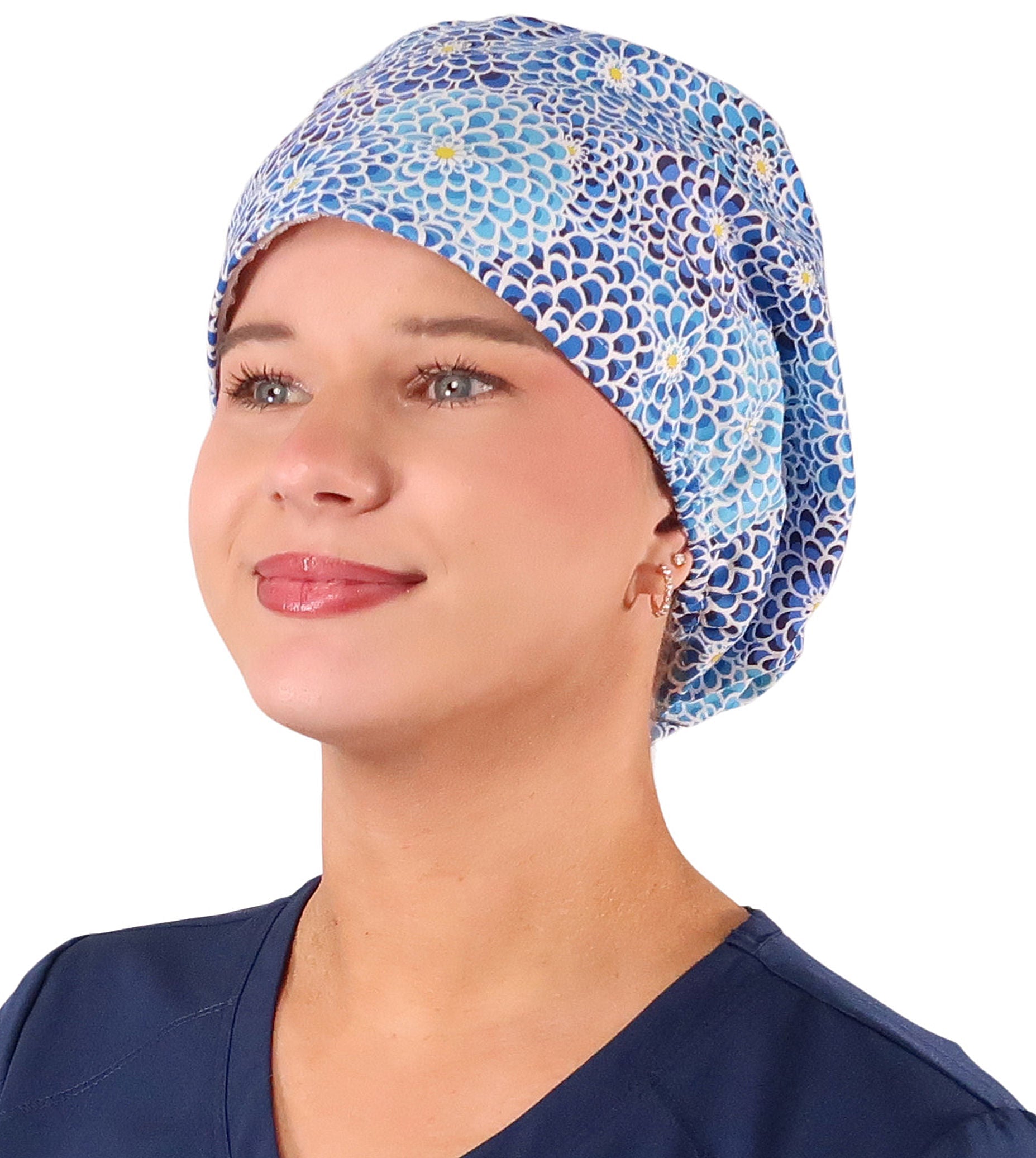 Euro Style Riley Comfort Scrub Cap - American Made - Blue Dahlia Dreams Riley Comfort Scrub Caps