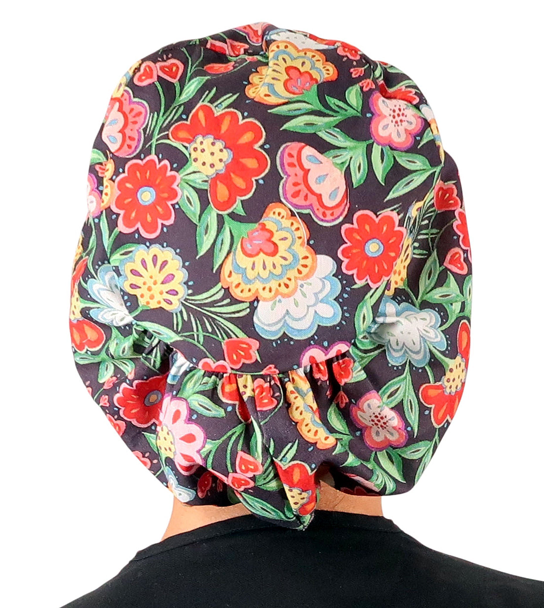 Euro Style Riley Comfort Scrub Cap - American Made - Petal Parade on Navy Riley Comfort Scrub Caps