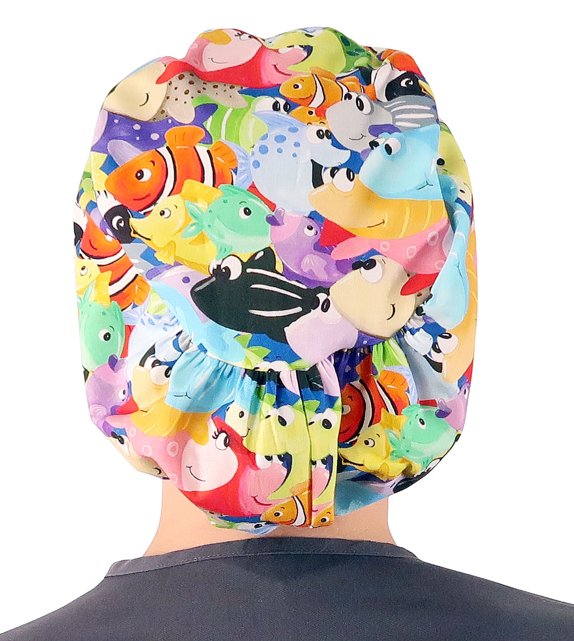 Back facing image of a woman in scrubs wearing a Under The Sea Euro Style Riley Comfort Scrub Cap.