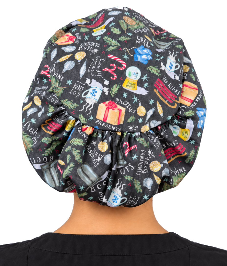 Back facing image of a woman in scrubs wearing a Festive Favorites Holiday Euro Style Riley Comfort Scrub Cap.