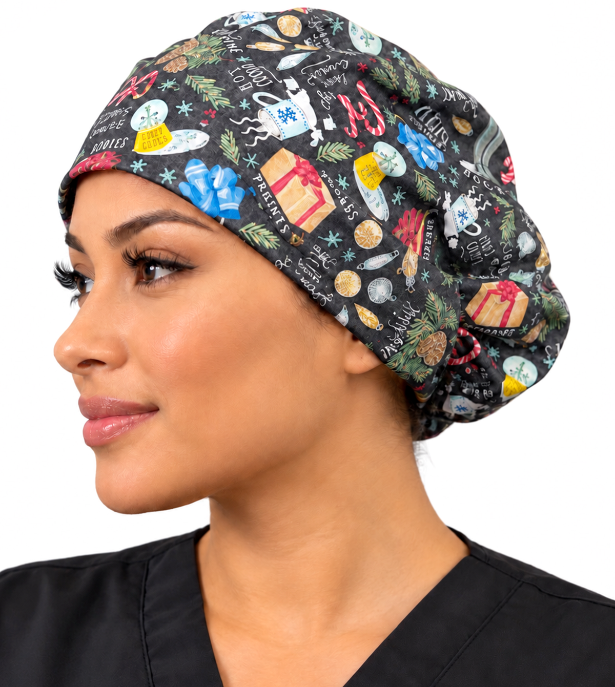 Side facing image of a woman in scrubs wearing a Festive Favorites Holiday Euro Style Riley Comfort Scrub Cap.