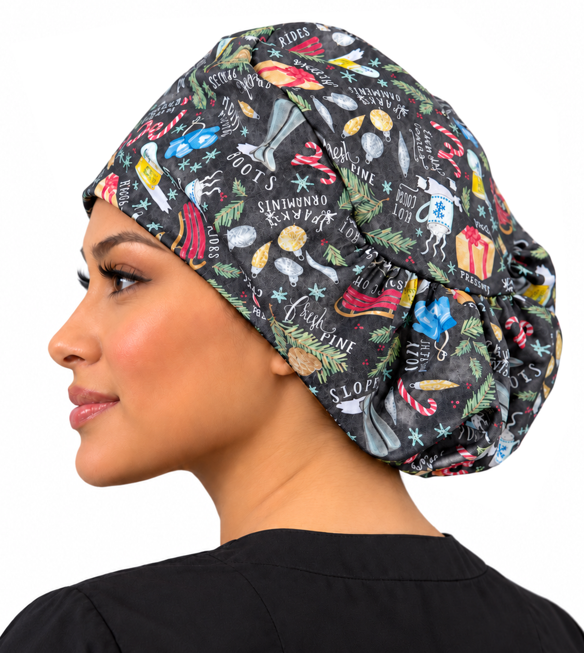 Side facing image of a woman in scrubs wearing a Festive Favorites Holiday Euro Style Riley Comfort Scrub Cap.