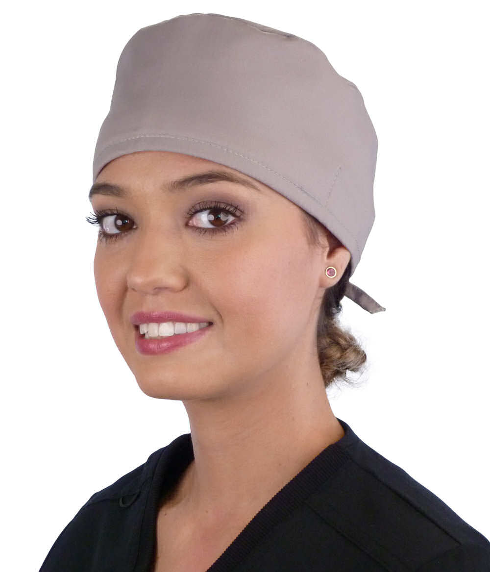 Front Facing View of a Woman Wearing a Classic Cotton Surgical Scrub Cap - Light Grey Scrub Cap